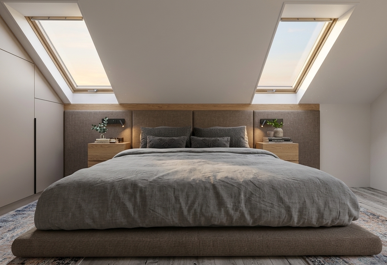 A photorealistic eye-level interior photograph of this attic bedroom during golden hour, preserving the exact layout, geometry, and perspective. Warm, low-angled sunset light streams diagonally through the two skylights, casting soft amber highlights and long shadows across the grey linen duvet and brown upholstered headboard. Realistic micro-textures bring the surfaces to life, showing authentic fabric weave with natural wrinkles, smooth matte finishes on the wardrobe, and natural grain on the light oak nightstands. Captured with a 35mm architectural lens, displaying natural dynamic range, subtle ambient bounce light along the slanted ceiling, and faint film grain.