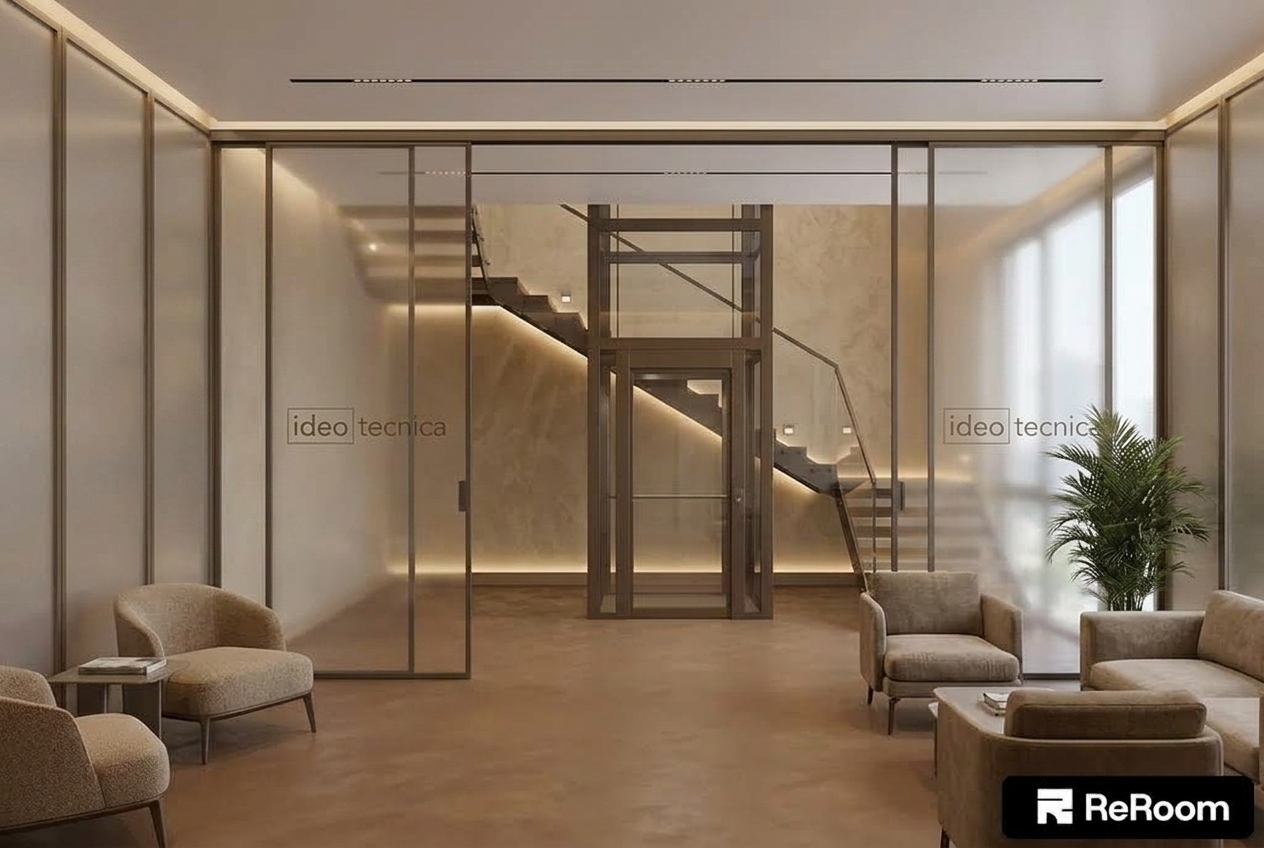 Maintain all existing room proportions, lighting, floor, stairs, modern elevator, and furniture arrangement. Modify the side walls by replacing or overlaying them with floor-to-ceiling frosted, satin-finish glass partition panels with subtle bronze frames matching the central glass door. Etch the minimalist "ideo tecnica" logo onto the frosted glass surfaces on both the left and right side walls while keeping the warm, neutral beige and brown palette consistent.