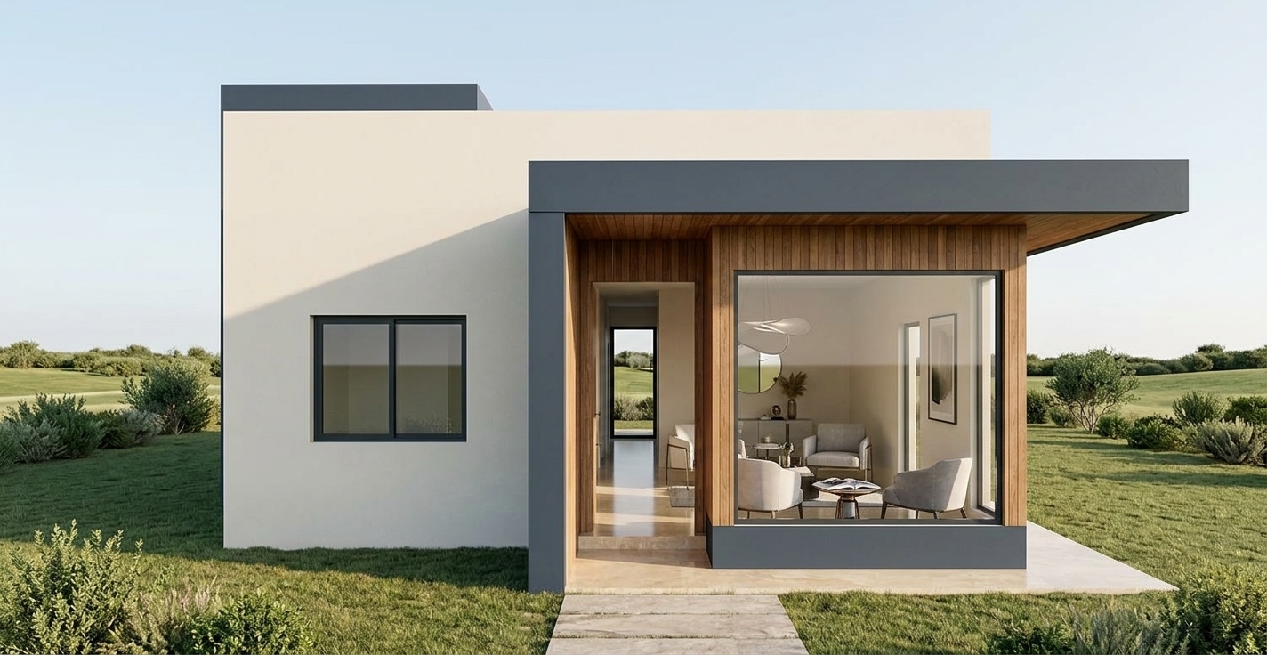 An incredibly lifelike, richly detailed, photorealistic exterior eye-level architectural shot of a modern single-story residence set in a serene, manicured landscape. The scene is illuminated by crisp, radiant daylight casting refined, balanced shadows, creating an airy and sophisticated atmosphere. Captured with a professional medium-format camera and an ultra-sharp tilt-shift lens, emphasizing smooth warm white plaster finishes, deep slate-gray architectural framing, and rich natural wood cladding along the entry overhang's soffit. Through the expansive floor-to-ceiling glass corner, the light-filled interior reveals an understated, contemporary living space styled in shades of pearl, champagne, and soft gray, highlighting polished stone surfaces, tailored upholstered furniture, slim metal accents, sculptural lighting fixtures, curated modern decor, and framed abstract wall art set above a low table with an open photography book.
