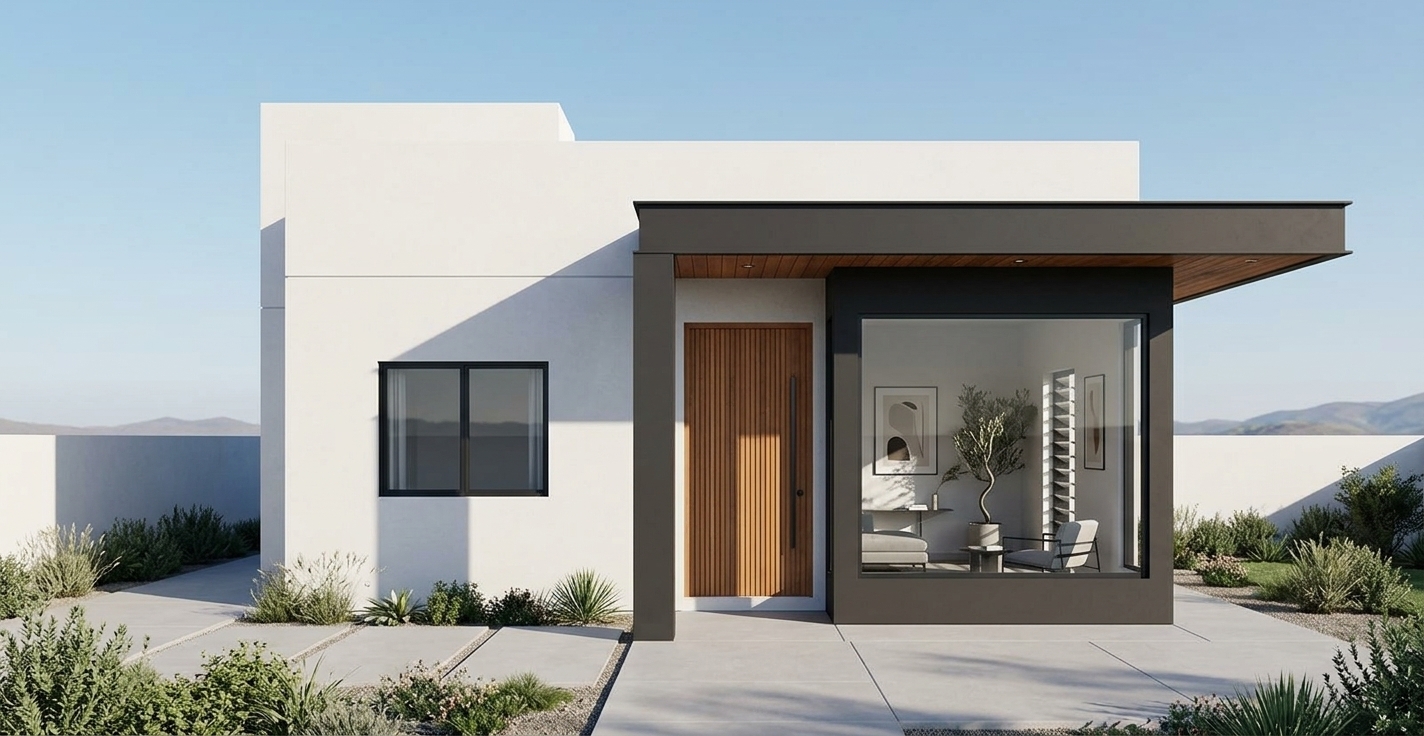 An incredibly lifelike, richly detailed, photorealistic eye-level exterior shot of a sleek modern minimalist haven set in a tranquil, open architectural setting under a clear gradient blue sky. The scene is illuminated by crisp, bright mid-morning sunlight that casts precise, geometric shadows across the pristine surfaces, creating a serene, uncluttered, and contemplative atmosphere. Captured with a professional full-frame camera and a 35mm tilt-shift lens, emphasizing the ultra-smooth chalk-white stucco, deep matte charcoal architectural framing, rich wooden under-soffit panelling, and high-transparency glass. The residence’s rectilinear massing pairs a luminous white cubic core with a striking charcoal-gray porch canopy and lateral accent volume. Through the expansive floor-to-ceiling corner glazing, a serene, streamlined interior is subtly visible, showcasing clutter-free surfaces, minimalist abstract wall art, elegant pale wooden accents, and a sculptural indoor plant, with the warm vertical-slat timber front door serving as an inviting organic focal point against the clean monochromatic architecture.