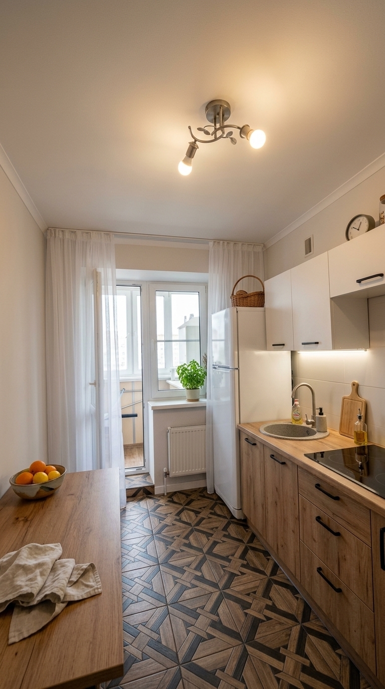 An incredibly lifelike, richly detailed, photorealistic wide-angle interior shot of a clean, cozy modern compact kitchen set in an inviting urban apartment. The scene is illuminated by soft diffused daylight entering through the balcony door combined with warm ambient ceiling light and gentle under-cabinet LED illumination, creating a warm, tranquil, and homey atmosphere. Captured with a 24mm wide-angle lens at f/4, emphasizing the crisp contrast between the tactile wood-grain lower cabinets, smooth white upper cabinetry, and the deep geometric motif of the parquet floor. 

Framing the 220 cm wide and 260 cm high rear wall, two airy, translucent white tulle curtains (each measuring 150 × 260 cm) hang gracefully from a discreet ceiling track to the floor on either side, softening the window and balcony doorway while bathing the space in gentle, filtered light. All previous clutter, loose cloths, and floor debris have been meticulously cleared away, leaving the surfaces immaculately styled. Preserving the original warm oak lower cabinets with matte black handles, the neutral wallpaper, and the practical layout, the space is elevated with thoughtful cozy accents: a potted culinary herb on the windowsill, an artisan ceramic bowl of fresh citrus on the left countertop, a neat wooden cutting board paired with a glass oil dispenser near the sleek induction cooktop, and a folded linen towel neatly resting beside the round granite sink.
