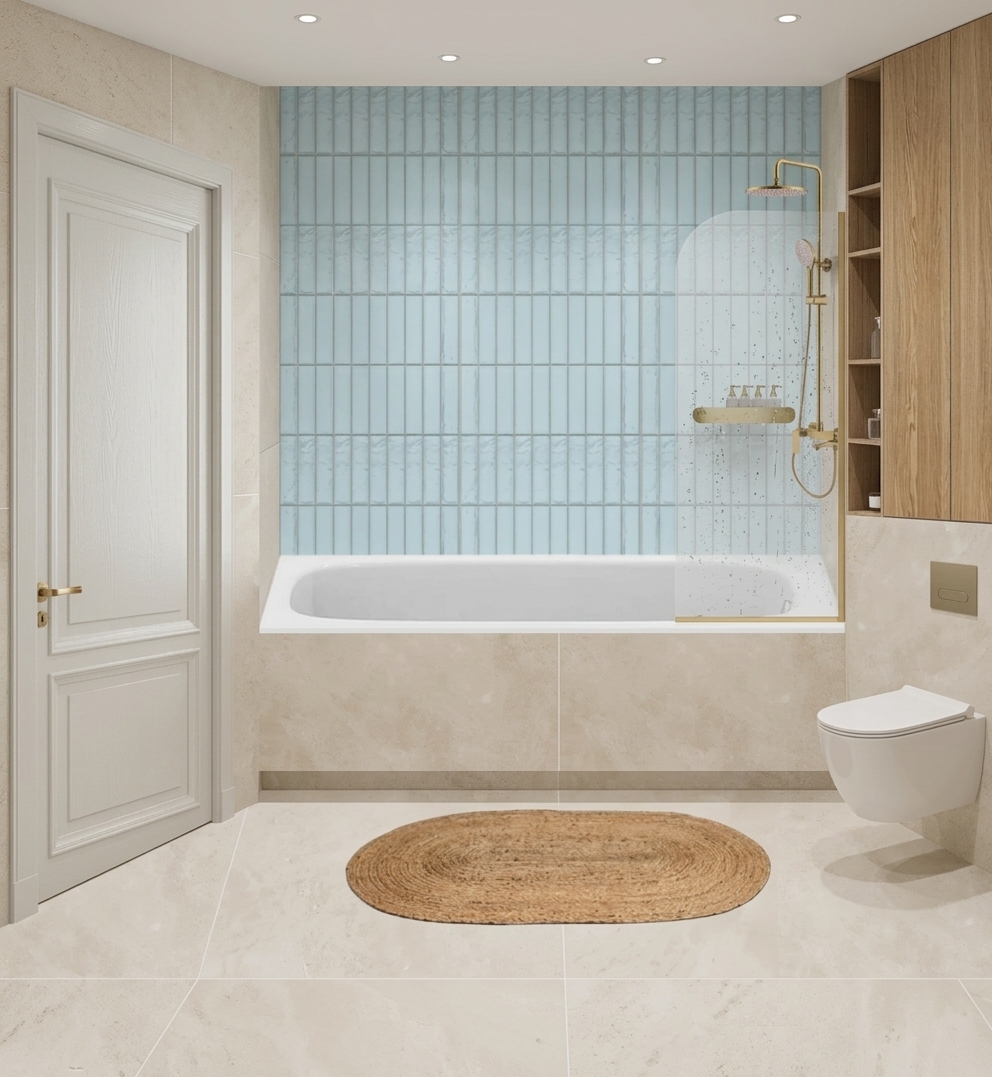 Architectural interior photograph capturing the exact bathroom scene illuminated by soft, neutral daytime ambient light with natural shadow falloff. The composition, geometry, and placement remain precisely as shown, featuring the classic paneled white door on the left, a built-in bathtub set against vertically stacked pale blue glazed ceramic tiles with crisp grout lines, and a transparent curved glass partition with brushed brass hardware. Materials display authentic physical textures, including deep vertical grain on the light oak cabinetry, smooth ceramic luster on the wall-hung toilet and tub, a tactile woven surface on the oval jute rug, and subtle micro-textures across the matte beige stone walls and flooring, rendered cleanly without artificial CGI shine.