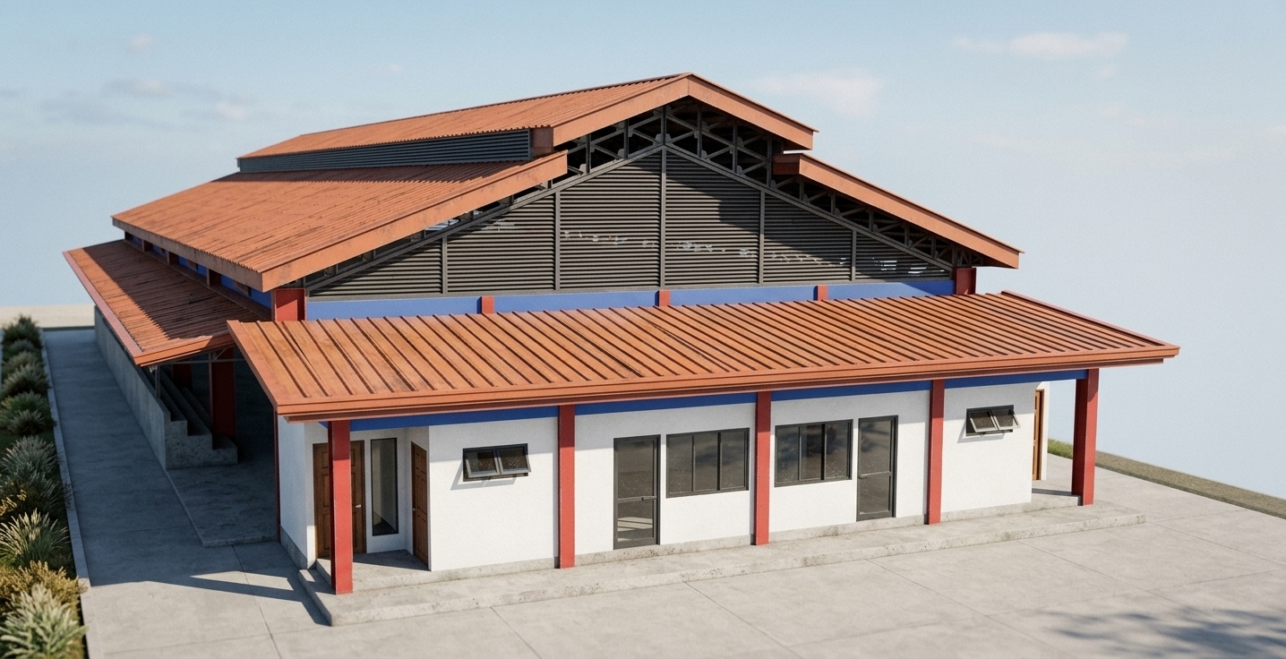 An architectural exterior photograph of the building under harsh summer midday sun, faithfully preserving the exact structure, camera perspective, and composition. The tiered brown roof shows authentic corrugated tile textures, while the open gable reveals real structural steel trusses casting sharp, dark shadows underneath the eaves. The white exterior walls feature subtle plaster micro-textures, contrasted by realistic painted red columns and crisp blue trim. Windows reflect the bright ambient sky, and the concrete foundation exhibits natural surface porosity and faint wear. Captured with a professional tilt-shift lens, sharp focus across all planes, clean 5500K daylight balance, and gentle natural vignetting.