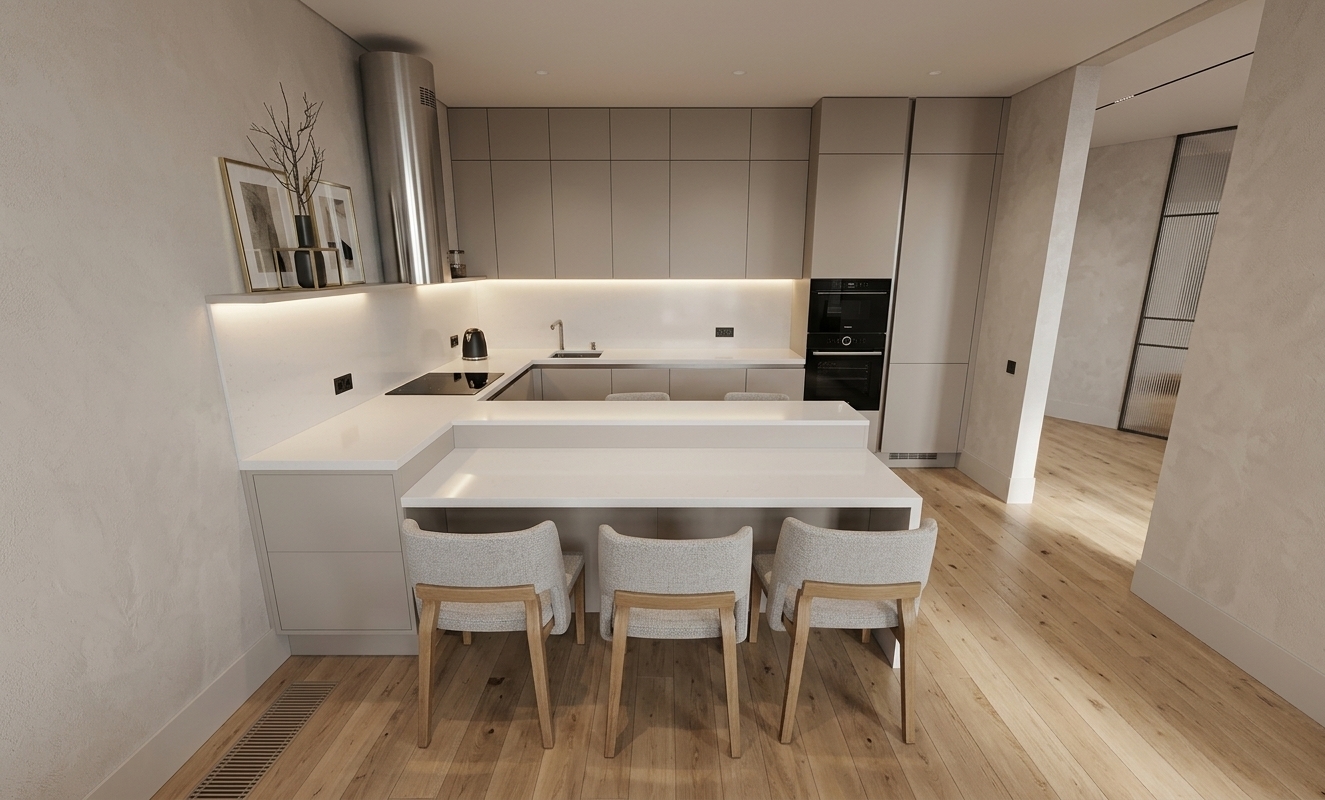 An incredibly lifelike, richly detailed, photorealistic wide-angle interior photograph of a modern fusion kitchen and breakfast bar set in an elegant contemporary apartment. The scene is illuminated by soft, layered ambient lighting with warm concealed LED strips tucked beneath the upper cabinets and gentle, diffused natural daylight entering from the open hallway, creating a warm, sophisticated, and serene atmosphere. Captured with a professional full-frame camera and a 24mm tilt-shift architectural lens, emphasizing ultra-matte greige flat-panel cabinetry, a gleaming cylindrical brushed stainless-steel exhaust hood, and pristine white composite stone countertops with faint, delicate reflections. Tucked against the tiered peninsula, three stylish modern stools feature natural oak legs and textured light-gray fabric upholstery, resting on natural wide-plank light oak hardwood floors. Tasteful, laconic accents—a matte black electric kettle, a dark minimalist ceramic vessel with dried branches on the display shelf, and flush-integrated black glass ovens—complete this refined, impeccably balanced culinary space.