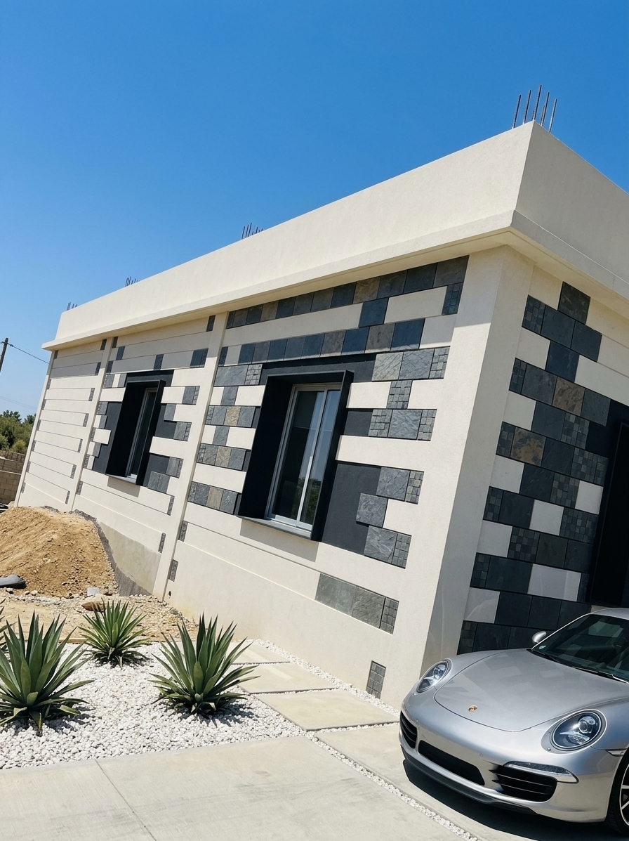 An incredibly lifelike, richly detailed, photorealistic low-angle architectural shot of a sleek mid-century modern single-story residence set in a sun-drenched Mediterranean landscape. The scene is illuminated by intense, direct midday summer sunlight that casts sharp, crisp shadows beneath the roof overhangs, creating a bright, sophisticated, and revitalized atmosphere. Captured with a professional 24mm tilt-shift architectural lens, emphasizing the tactile interplay between smooth off-white stucco, charcoal-grey textured panels, and deep-set matte black finishes.

Replacing the raw brick structure, the fully finished facade showcases a striking two-tone exterior palette dominated by warm sand-toned render contrasted with bold, textured dark slate accents framing two prominent, large-paned aluminum windows. These recessed modern windows feature sleek thermal-break frames and pronounced architectural reveals that add sculptural depth to the flat-roofed volume. Neatly manicured minimalist xeriscaping—complete with white crushed gravel, sculptural agaves, and smooth concrete pavers—replaces the construction debris, leading to a pristine paved driveway where an elegant, low-slung sports car is parked in the foreground, its glossy metallic finish reflecting the cloudless summer sky.