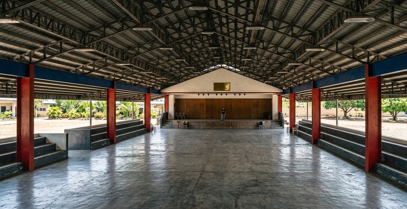 A photorealistic wide-angle photograph of the large open-sided pavilion at bright summer midday, maintaining the exact layout, geometry, and perspective. Harsh, high-angle natural daylight floods from the open sides, casting crisp, sharp shadows beneath the metal roof trusses while bouncing warm ambient light across the polished, slightly scuffed concrete floor. The structural elements show realistic industrial finishes: painted red steel columns with subtle surface sheen, deep blue support beams with faint speckles of dust, and an intricate dark steel truss framework holding corrugated metal ceiling sheets. In the background, the raised stage features natural wood grain textures on the rear wall, realistic concrete steps, and a solitary figure standing under soft ambient fill. The atmosphere captures the slight haze and warmth of a hot summer day, completed by natural lens optics with faint peripheral falloff and realistic, crisp textural clarity across all surfaces.