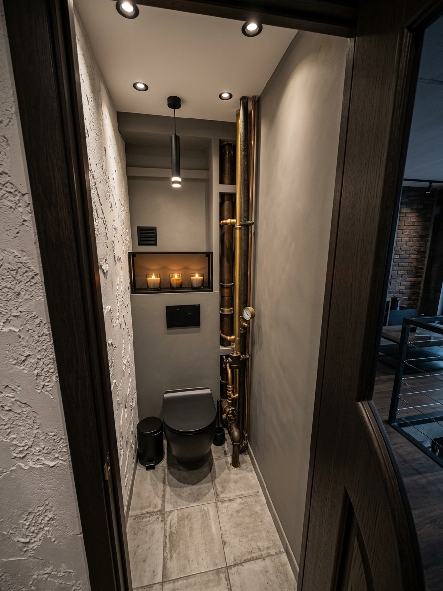 An incredibly lifelike, richly detailed, photorealistic wide-angle interior shot of a compact powder room transformed into a sophisticated industrial loft sanctuary, set in a contemporary urban home. The scene is illuminated by four matte black recessed ceiling spotlights casting warm, directional pools of light and sculptural accent shadows, creating an intimate, moody, and serene atmosphere. Captured with a professional 16mm architectural lens, emphasizing raw tactile textures and sleek modern fixtures.

The space undergoes a complete metamorphosis: the previously exposed pipes are seamlessly boxed into a concealed wall installation, on which a striking matte black wall-hung toilet is suspended above large-format, distressed concrete-look porcelain floor tiles. The primary accent wall is coated in a flawless, silky matte slate-greige, while the adjacent wall displays a rich, tactile decorative plaster with rough, coarse peaks finished in crisp matte white. Above the concealed cistern, an integrated shallow niche features a slender black metal shelf displaying three glowing scented candles in heavy glass tumblers, perfectly complemented by minimalist matte black hardware—including a matching dual-flush plate and a geometric paper holder—turning a cramped utility room into an elevated, harmonious design statement.