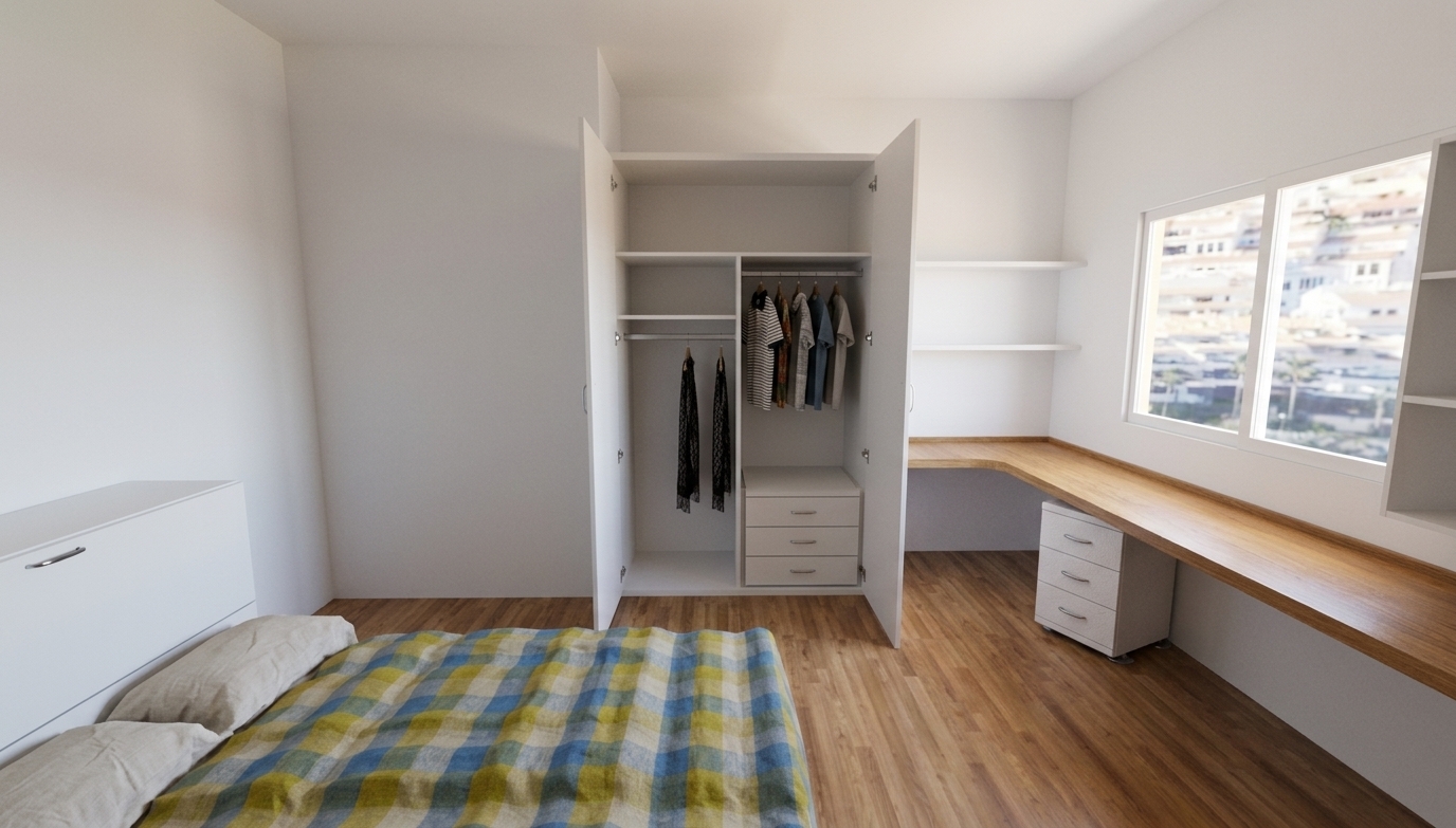 A photorealistic wide-angle interior photograph of this bedroom, faithfully retaining the exact composition, furniture layout, and materials. Bright, natural midday sunlight streams through the window, casting soft-edged shadows across the realistic wood-grain laminate flooring and long oak desk. The white walls and wardrobe feature a clean, eggshell matte finish with subtle surface micro-textures, while the open closet reveals naturally draped fabric folds and hanging clothes with realistic weave. In the foreground, the bed exhibits tactile, soft woven cotton textures on the blue, yellow, and green plaid comforter alongside creased linen pillows. The scene is captured with crisp architectural focus, balanced dynamic range, and faint natural film grain.