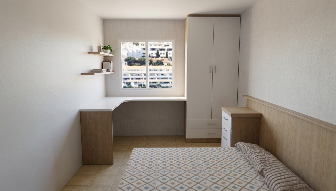 A realistic interior photograph capturing the exact room geometry, materials, and composition, illuminated by natural daylight streaming through the center window. The surfaces showcase authentic tactile qualities, including subtle wood grain on the desk base and headboard, smooth matte white laminate on the wardrobe and tabletop, detailed grout lines across the ceramic floor tiles, and a soft woven finish on the patterned bedding. Captured with an eye-level architectural wide-angle lens, balanced natural exposure, soft ambient shadows, and crisp photographic realism.