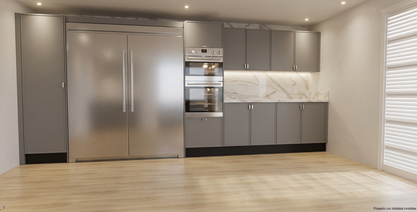 A photorealistic architectural photograph capturing the exact kitchen layout, illuminated by warm recessed ceiling LED downlights and continuous under-cabinet LED strip lighting that casts a soft wash across the polished marble backsplash. The materials are rendered realistically, featuring brushed textures on the stainless steel refrigerator and ovens, smooth matte grey cabinetry, and subtle wood grain across the light flooring, with natural ambient shadows, crisp focus, and balanced interior lighting throughout the scene.