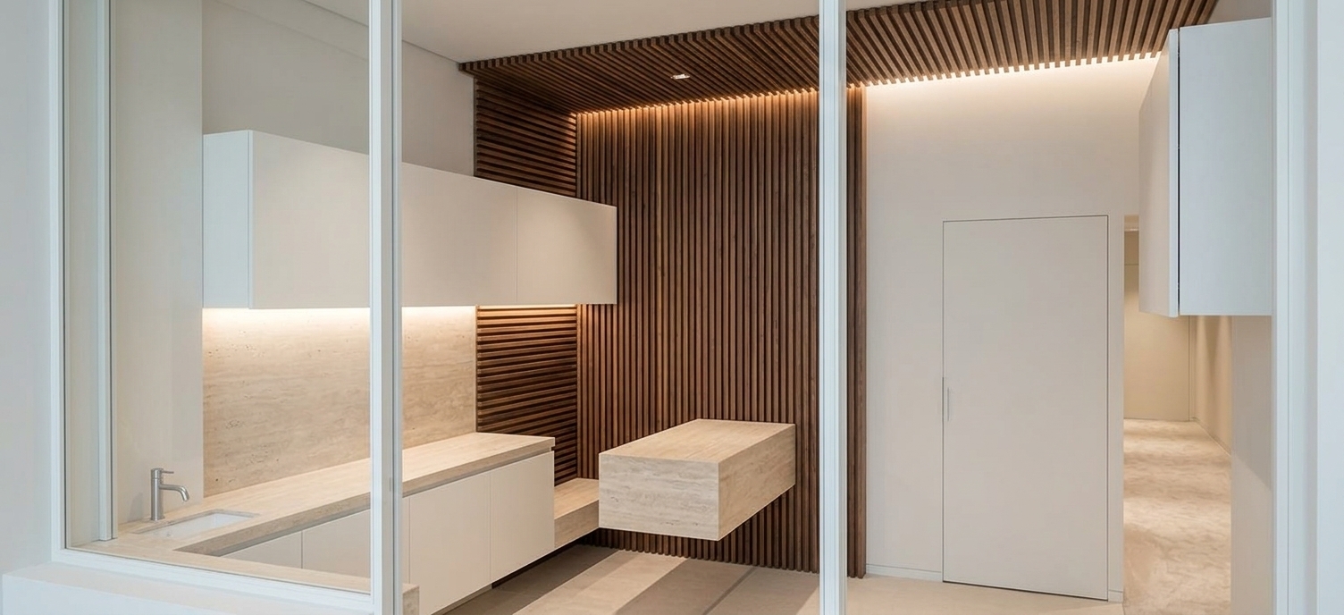 An incredibly lifelike, richly detailed, photorealistic eye-level interior shot of an upscale contemporary dental office consultation suite set in a private urban clinic. The scene is illuminated by soft, diffused daylight pouring through floor-to-ceiling glass partitions and hidden warm LED backlighting nested behind acoustic wall louvers, creating an impeccably clean, tranquil, and comforting atmosphere. Captured with a professional 24mm tilt-shift architectural lens, emphasizing the tactile qualities of honed light-travertine stone surfaces, rich fluted walnut acoustic panels, and flawless matte-white walls. 

Viewed through clear, floor-to-ceiling sliding glass frames, the minimalist haven features floating architectural millwork: a sleek lower cabinetry unit housing an integrated medical-grade washbasin counter alongside an upper suspended storage volume. A minimalist cantilevered stone consultation desk floats effortlessly into the open space, anchored by the rhythmic texture of vertical timber slats that run up the back wall and extend seamlessly across the ceiling, delivering a masterclass in modern, serene healthcare design.
