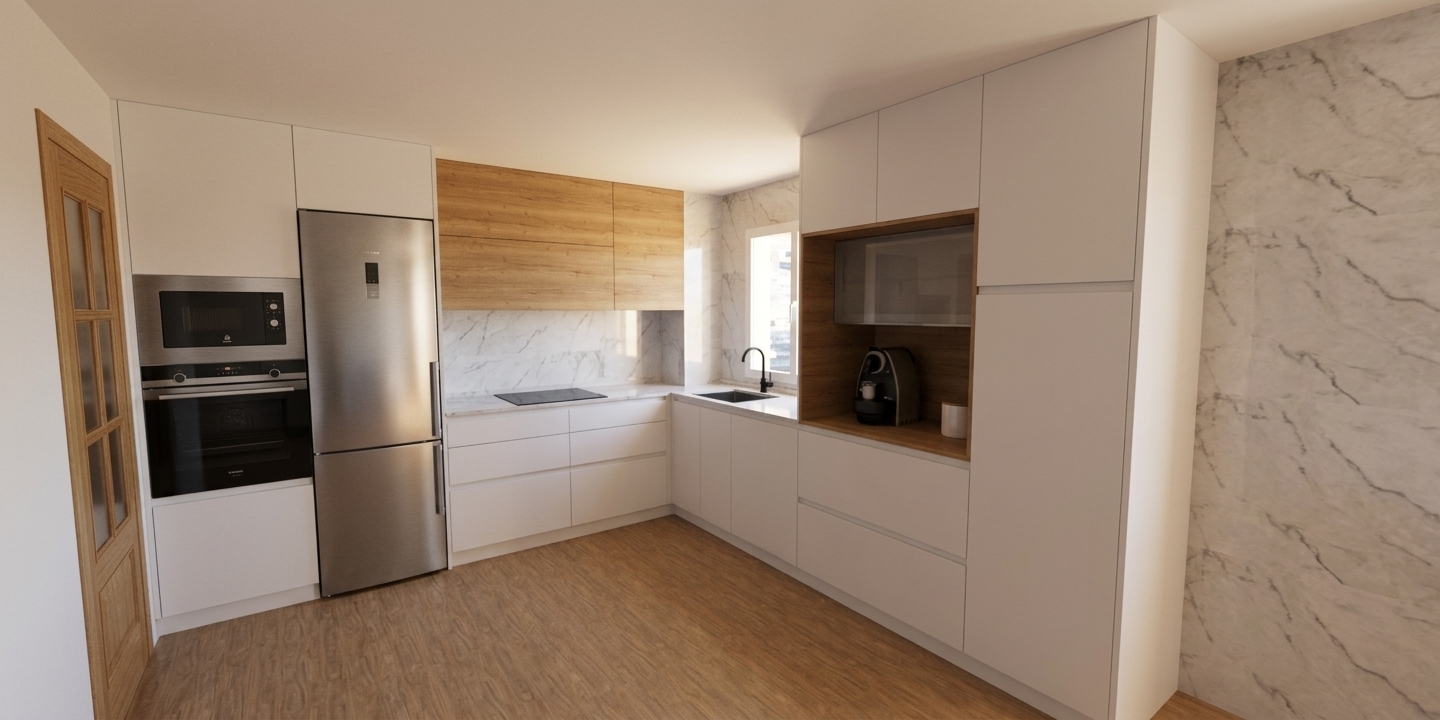 An architectural interior photograph faithfully rendering the kitchen layout under soft, natural daylight streaming through the window alongside warm ambient fill. The matte white cabinetry is rendered with a smooth, non-reflective finish, contrasted by realistic tactile oak grain on the upper cabinets, coffee niche, and door. Brushed stainless steel on the refrigerator and built-in ovens exhibits subtle specular highlights and faint reflections, while the polished white marble backsplash and accent wall show delicate, authentic grey veining. The light wood flooring, black induction cooktop, sink, and coffee maker are captured with accurate material physics, balanced contrast, and subtle contact shadows.