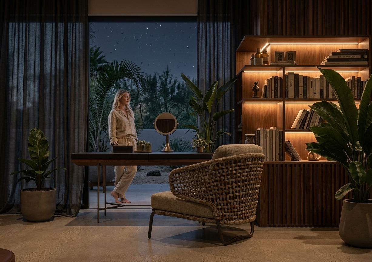 An incredibly lifelike, richly detailed, photorealistic eye-level interior photograph of an intimate mid-century modern bedroom vanity and reading sanctuary set in a quiet, luxurious residential estate during a summer night. The scene is illuminated by concealed, warm 2700K LED shelf lighting grazing the open millwork combined with soft, low-key moonlight filtering through sheer charcoal drapery, creating a moody, contemplative, and refined atmosphere. Captured with a professional full-frame camera and 50mm prime architectural lens, emphasizing the soft satin sheen and subtle aggregate of the light warm-grey polished concrete floor, the tactile woven cord pattern of the accent chair, and the authentic open-pore cathedral grain of custom American black walnut veneer shelving. Harmoniously integrated into the space, a barefoot blonde woman in a relaxed beige linen ensemble stands gently in the ambient glow near the terrace glass, naturally scaled against lush indoor greenery, a sleek dark leather desk, and carefully curated literature under a soft, organic vignette.