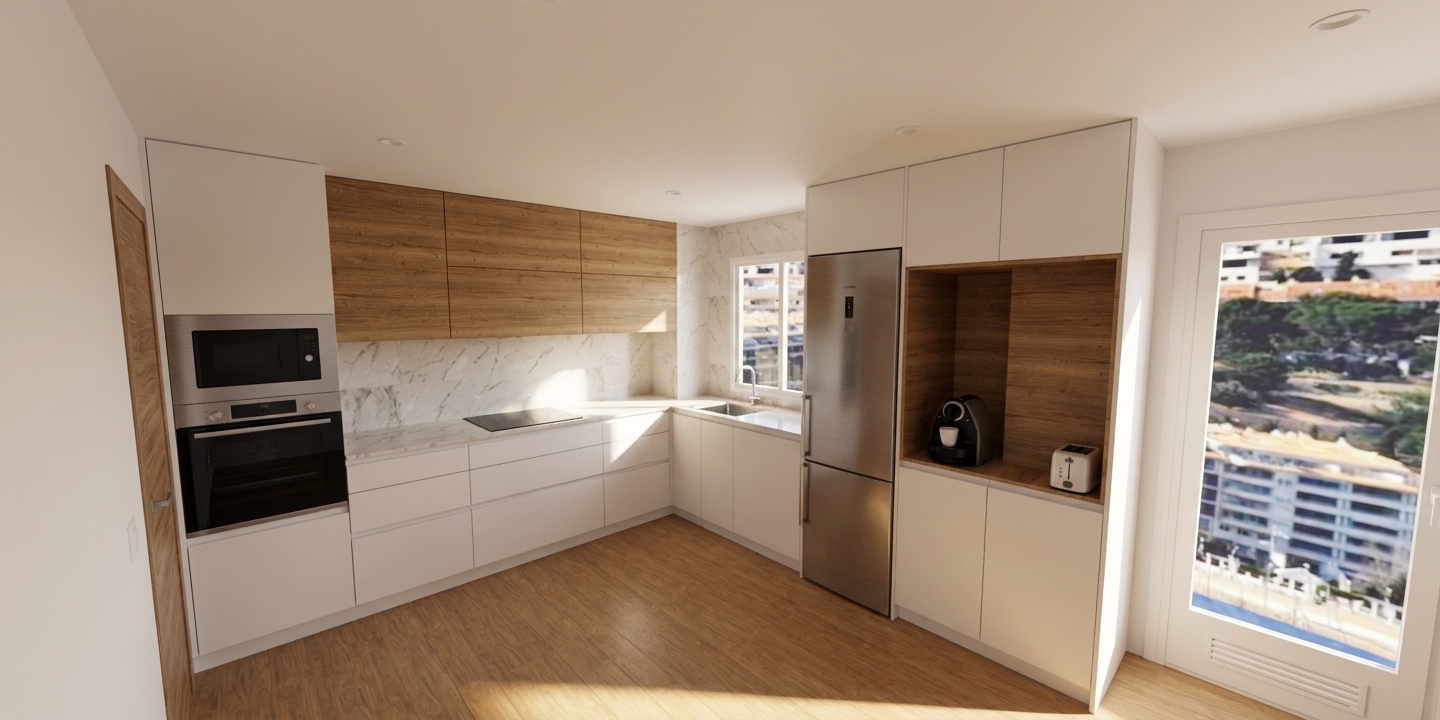 A crisp architectural photograph capturing the exact kitchen layout under bright natural daylight streaming through the window and glass door. The scene features authentic material physics: tactile, realistic light oak grain on the upper cabinetry and coffee station niche, smooth matte white cabinet fronts, softly reflective polished white marble backsplashes, and genuine brushed stainless steel on the refrigerator and wall ovens. Shot on a sharp wide-angle lens with balanced exposure, deep depth of field, gentle ambient shadows on the light wood flooring, and subtle natural reflections across glass and metallic surfaces.