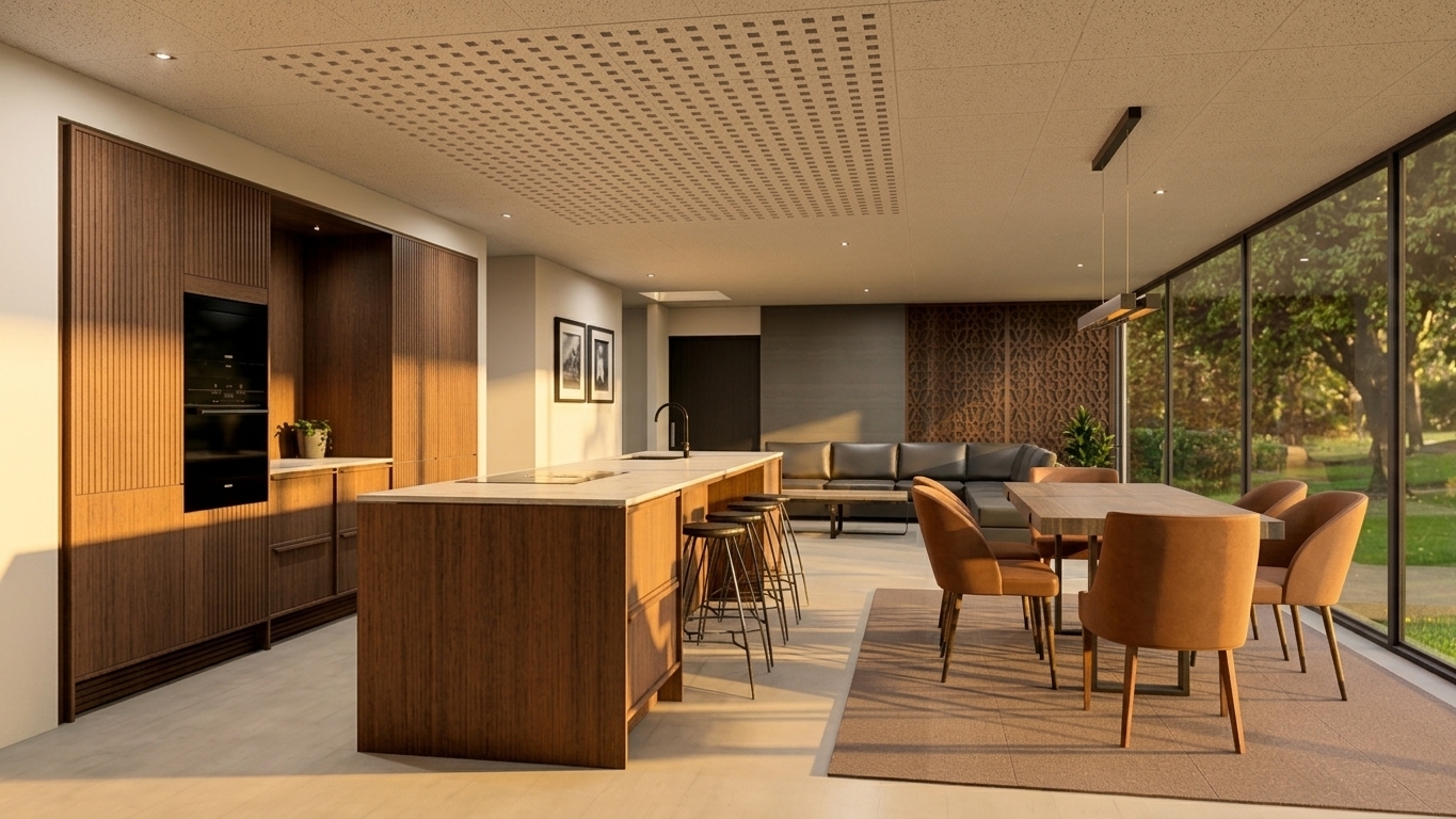 A professional architectural photograph of this modern open-plan interior bathed in the low-angled, golden light of an early summer sunrise. Warm morning sunlight streams through the full-height glass wall, casting long, soft shadows across the polished floor and bringing out the natural tactile wood grains of the cabinetry and island. The lush outdoor greenery glows in vibrant summer morning light, producing soft reflections on the glass and polished countertops, complemented by gentle atmospheric haze, realistic fabric textures, and balanced exposure typical of a high-end interior shoot.