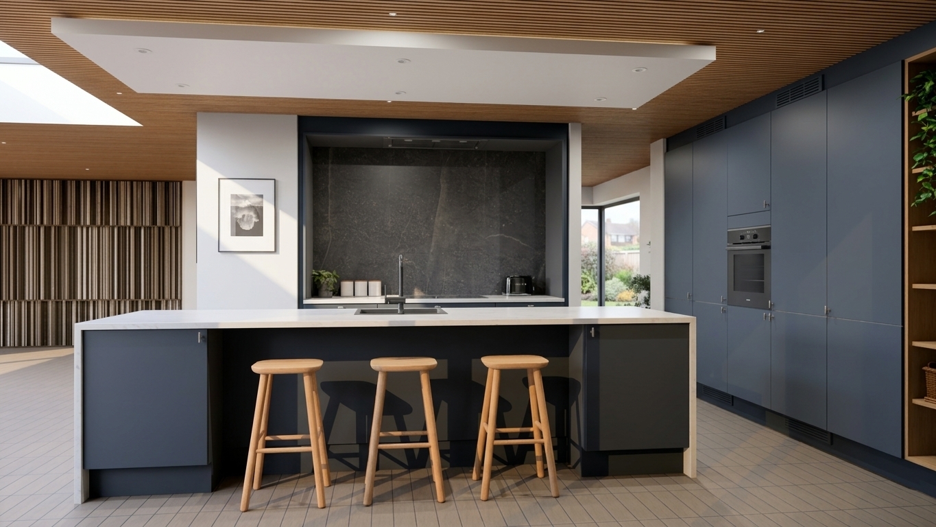A clean architectural interior photograph of this modern kitchen on a bright summer midday, captured with a 35mm lens. Radiant natural daylight fills the space, casting realistic soft shadows beneath the island and three wooden barstools while balancing the warm recessed ceiling spots. The matte slate-blue cabinetry features authentic satin sheens with subtle micro-textures, complemented by natural wood grain on the slatted ceiling and stools, and fine mineral veining across the dark stone backsplash. Natural photographic details include delicate sensor grain, crisp dynamic range, and authentic surface reflections, flawlessly preserving the exact geometry, materials, and composition.