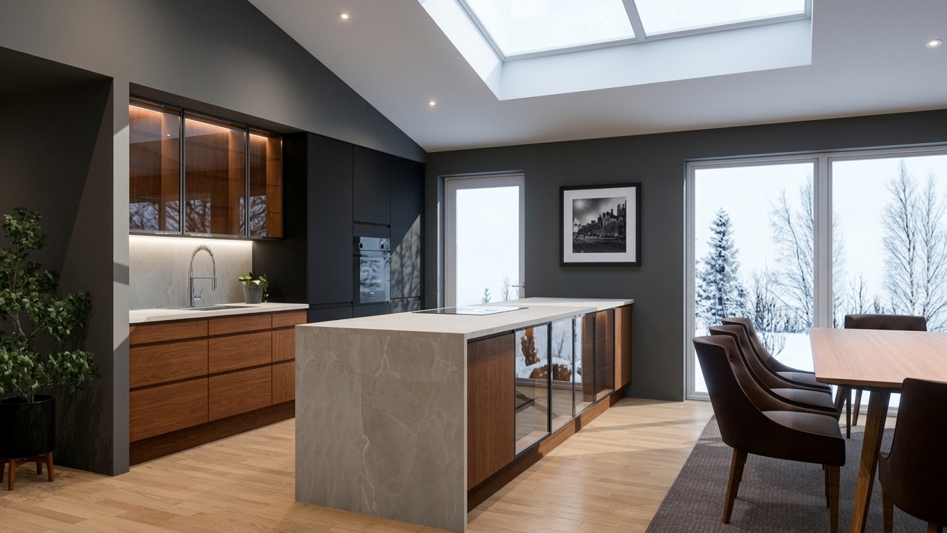 A photorealistic architectural photograph of the modern kitchen during a crisp winter midday, preserving the exact geometry, materials, and composition. Cool, bright diffuse daylight streams naturally through the skylight and patio doors, softly illuminating the room against the snowy outdoor view and balancing with the warm interior accent lighting within the cabinetry. Surfaces exhibit authentic physical micro-textures, including tactile grain on the walnut cabinets, subtle veining and soft sheen across the waterfall stone island, and delicate reflections on the glass doors. Captured on a sharp architectural lens with balanced exposure, natural shadows, soft specular highlights, and faint photographic film grain.