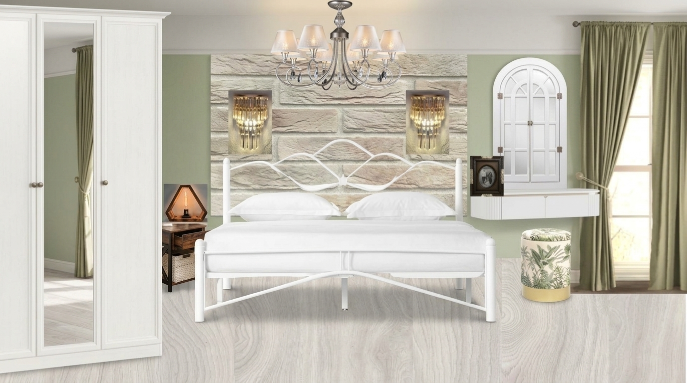 Transform this 2D interior collage into a photorealistic bedroom photograph, precisely maintaining the layout, furniture, and color palette. 

Render the scene with natural perspective and realistic textures:
- Center: A white wrought-iron bed with curved, branch-like details on the headboard and footboard, dressed in crisp white linens and pillows.
- Accent wall: Light beige textured stone brick behind the bed, flanked by soft sage green painted walls. Two warm, lit crystal sconces are mounted on the stone wall.
- Above: A classic silver chandelier with fabric mini-shades and crystal droplets.
- Left side: A tall, white wooden three-door wardrobe with a mirrored center door, and a rustic dark wood nightstand holding a triangular wooden geometric lamp.
- Right side: A floating white vanity desk beneath an arched, white window-pane style mirror, paired with a botanical-patterned upholstered cylindrical stool with a brass base. 
- Far right: Long olive-green curtains framing a bright window, casting soft natural daylight across the room.
- Flooring: Light whitewashed wood planks with subtle grain.

Ensure physically accurate lighting, soft shadows, reflections, realistic material finishes, and subtle depth of field for a professional interior photography look.
