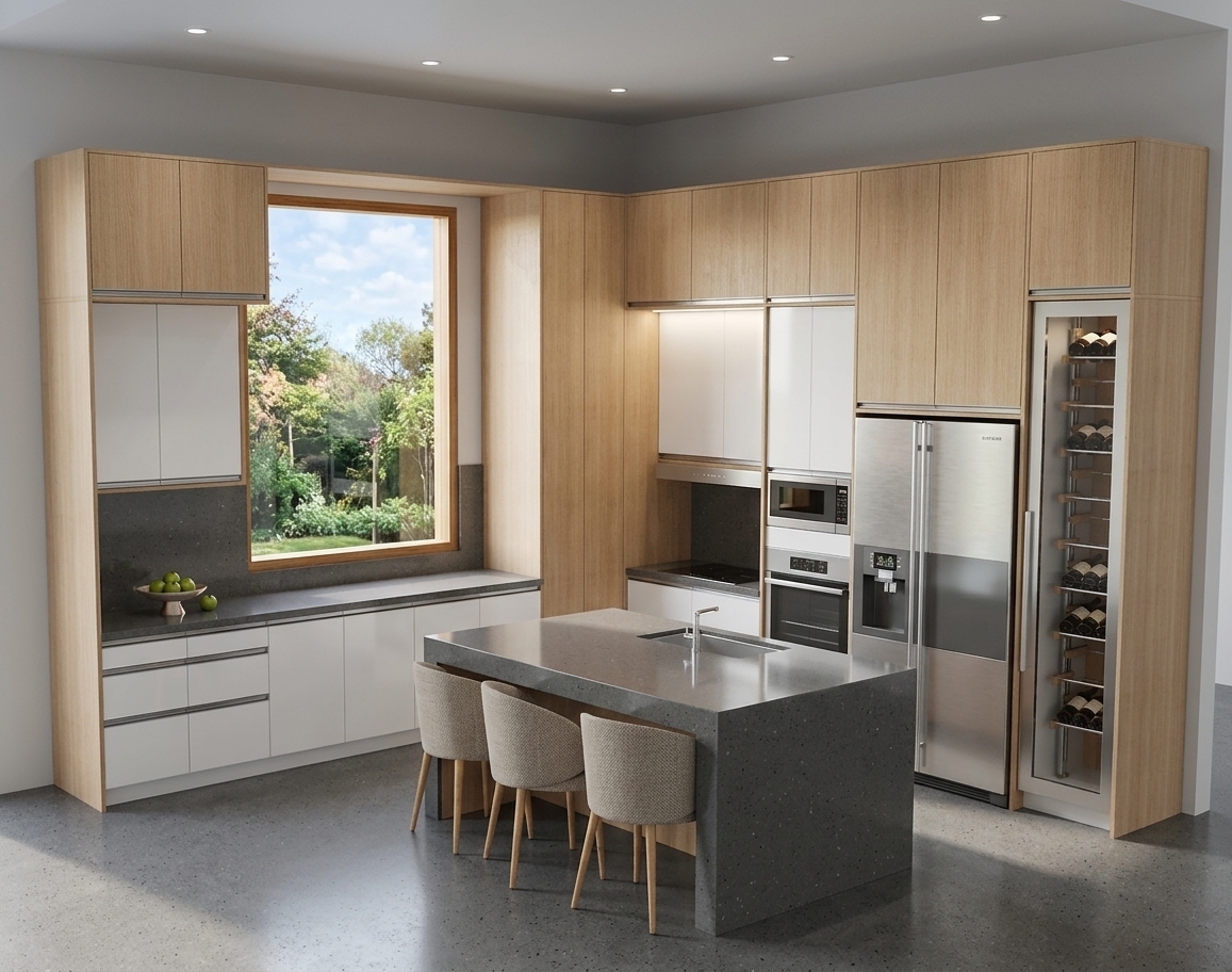 A crisp architectural photograph of the modern minimalist kitchen captured from the exact perspective, illuminated by soft daytime sunlight streaming through the large picture window. Upper cabinetry and framing showcase natural light oak woodgrain veneer, balanced by reflective, glossy white base cabinets. The central waterfall island and countertops feature polished Calacatta marble with subtle grey veining. Brushed stainless steel appliances, glass wine storage reflections, and matte textured barstool upholstery are rendered with photorealistic material physics under neutral daylight balanced exposure and soft, natural contact shadows.