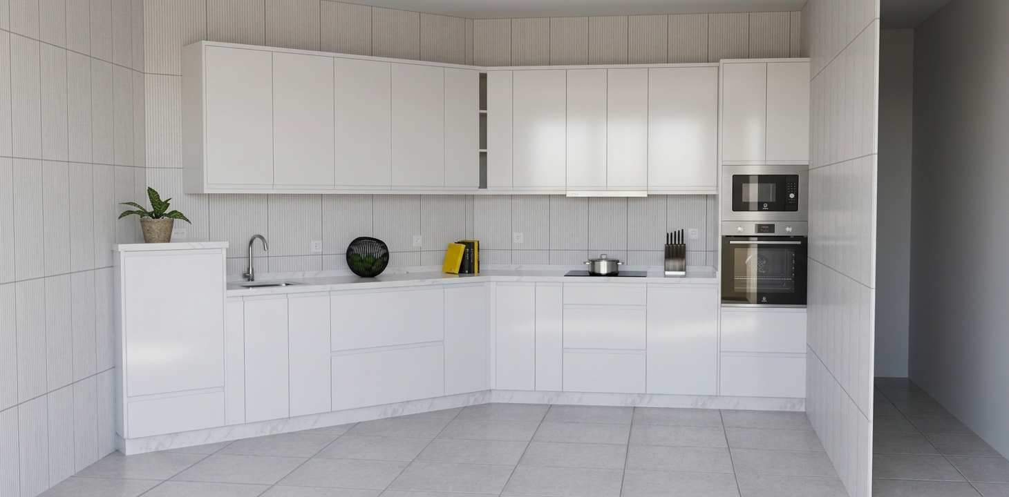An architectural interior photograph preserving the exact composition, geometry, and layout of the modern corner kitchen. The clean white cabinetry features a smooth satin finish, complemented by realistic grout lines across the light ceramic tiled floor and vertical wall tiles. Polished stainless steel surfaces on the integrated oven, microwave, chrome faucet, and cooking pot display authentic specular reflections and fine micro-textures. Diffuse daylight softly illuminates the space, casting gentle ambient shadows beneath the upper cabinets and highlighting realistic material textures on the countertop, potted plant, and accessories, captured sharply with a neutral color balance.