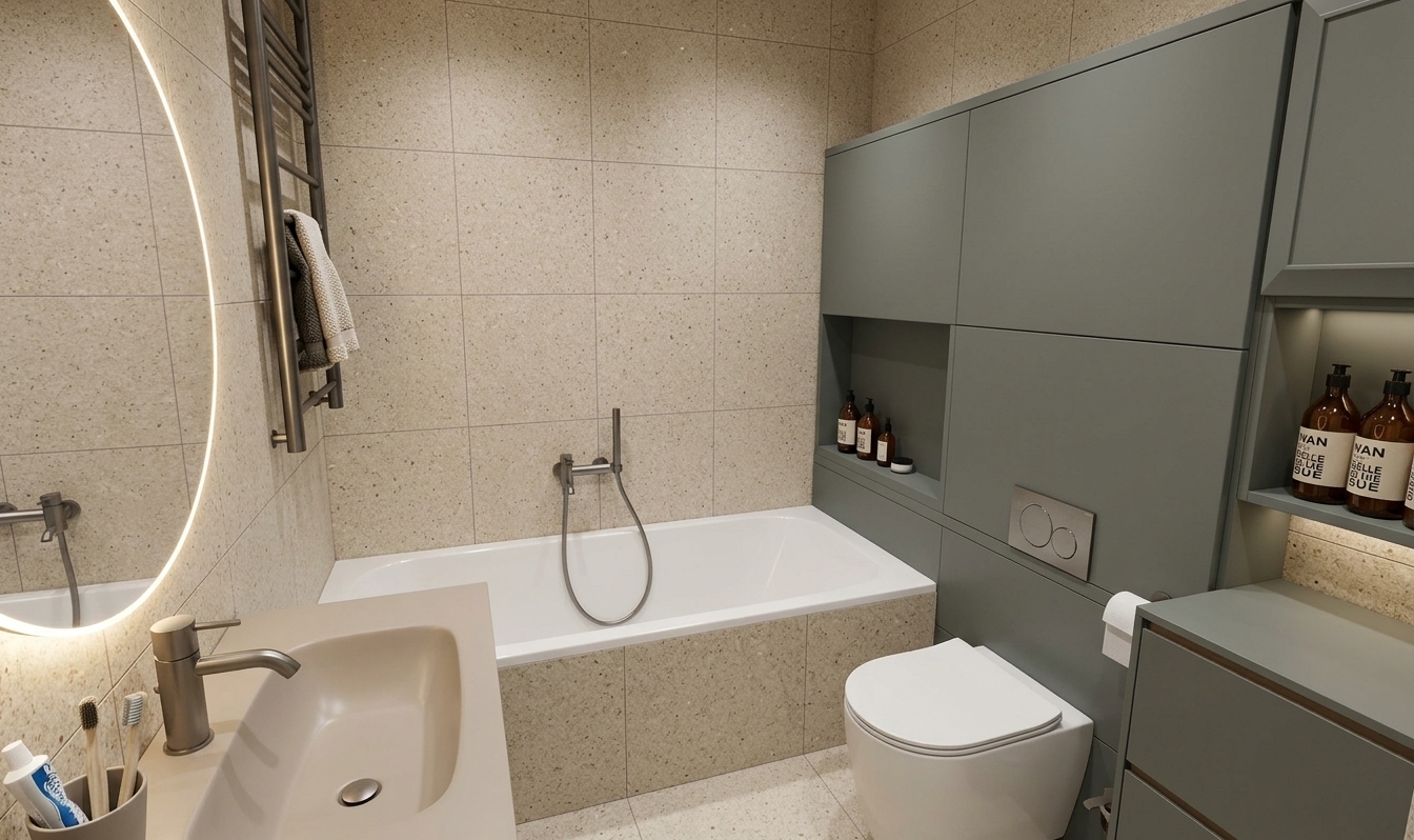 An incredibly lifelike, richly detailed, photorealistic wide-angle interior shot of an elegant mid-century modern bathroom set in a stylish contemporary home. The scene is illuminated by soft, diffused ceiling downlights paired with the warm, ambient backlit halo of an oversized frameless circular mirror, creating an intimate, serene, and spa-like atmosphere. Captured with a professional full-frame camera mounted with a 24mm tilt-shift lens, emphasizing the fine aggregate textures of timeless sand-beige terrazzo wall tiles, smooth matte surfaces, and gentle light reflections. In the center, a crisp white acrylic soaking bathtub sits flush against the tiled wall, fitted with an understated minimalist mixer finished in brushed titanium, matching the modern vanity tap in the foreground. Extending seamlessly behind the wall-hung ceramic toilet is custom floor-to-ceiling cabinetry finished in a cohesive matte sage-charcoal tone, providing concealed storage and integrating an open display alcove adorned with amber glass cosmetic bottles. To the left, a tall vertical heated towel rail in coordinated brushed dark titanium holds folded textured towels, perfectly harmonizing with the subtle earthy accent paint framing the vanity washbasin. Pristine edge-to-edge grout lines, natural contact shadows, and realistic caustics within the polished basin bring depth and exquisite tactile authenticity to this functional yet luxurious compact layout.