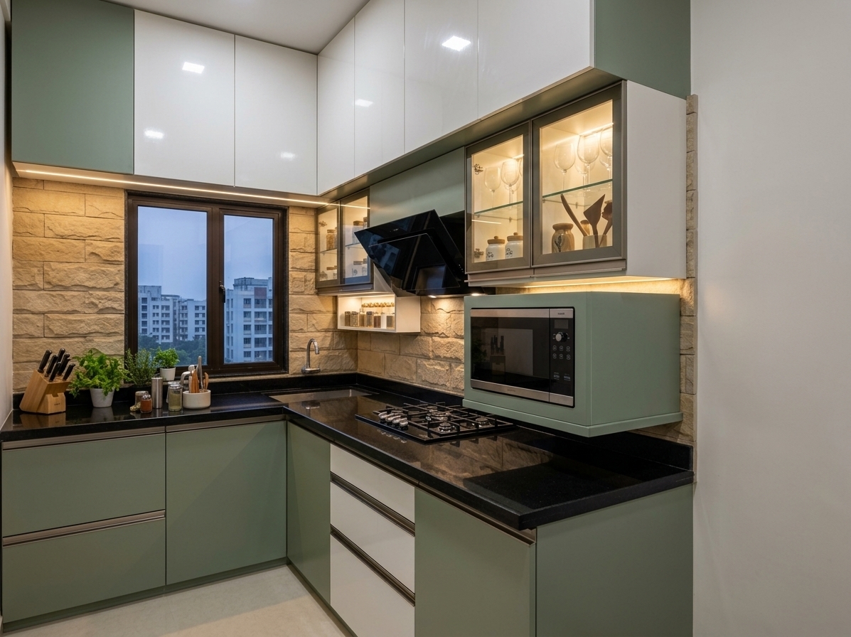 An incredibly lifelike, richly detailed, photorealistic wide-angle interior shot of a modern fusion modular kitchen set in an upscale urban apartment. The scene is illuminated by sleek under-cabinet LED ambient lighting paired with soft, diffused natural light filtering through the dark-framed window, creating a crisp, sophisticated, and serene atmosphere. Captured with a professional 24mm architectural tilt-shift lens, emphasizing the tactile relief of the natural sandstone tile backsplash, the deep reflections on the polished black granite countertops, and the smooth satin finish of the sage-green and high-gloss white geometric cabinetry. Clean horizontal lines with slim metallic channel pulls define the base storage, seamlessly integrating a minimalist drop-in gas hob, an angled black glass range hood, and a custom elevated microwave nook. Backlit glass-front upper displays and a delicate splash of fresh potted herbs on the counter complete the space with an effortless balance of contemporary elegance and functional warmth.