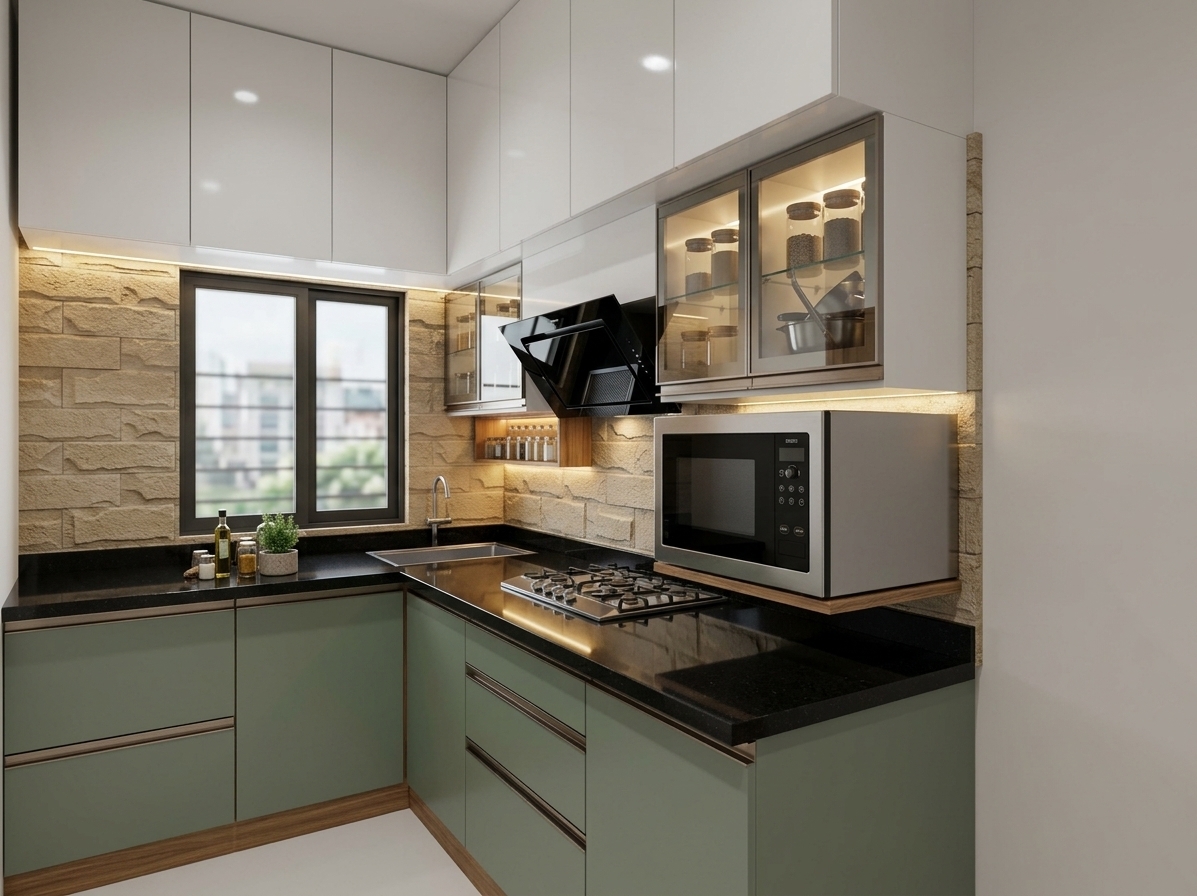 An incredibly lifelike, richly detailed, photorealistic wide-angle interior shot of a sleek modern kitchen set in a serene contemporary apartment. The scene is illuminated by crisp, warm under-cabinet LED strip lighting and soft ambient fill, creating a calm, uncluttered, and functional atmosphere. Captured with a professional 24mm tilt-shift architectural lens, emphasizing the velvety matte finish of the sage-green cabinetry, the polished texture of the black granite countertops, and the tactile relief of the sandy-hued stone brick backsplash. Designed as a minimalist haven, the space features streamlined handleless lower drawers with warm wood-grain accents, seamlessly paired with high-gloss white upper cabinets, illuminated glass display shelving, and an angled black glass chimney hood beside an integrated microwave. A dark-framed window sits neatly above an undermount sink, complemented by a modest potted herb and minimal clutter-free accents, encapsulating an elegant, Zen-inspired culinary environment defined by serene functionality.