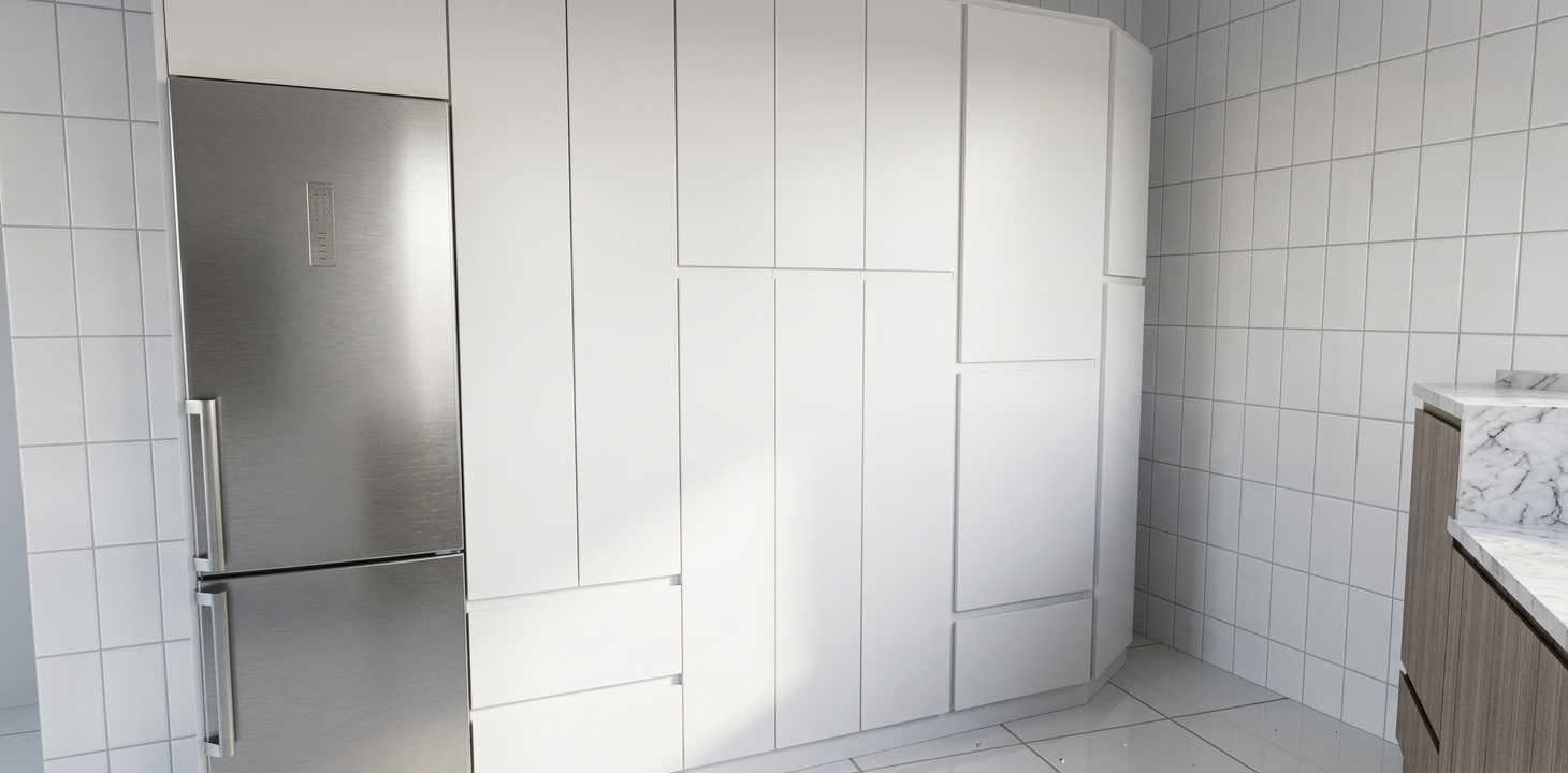 A clean architectural photograph capturing the exact kitchen composition with balanced, neutral daylighting. The stainless steel refrigerator features an authentic brushed metal finish with subtle anisotropic reflections, while the tall cabinetry displays smooth, matte white lacquered faces with precise panel seams. The background wall and floor tiles showcase realistic ceramic surfaces, delicate grout micro-textures, and gentle light dissipation. Shot through a sharp 24mm architectural lens, the scene retains its exact perspective, geometry, and layout with soft physical contact shadows and crisp, natural interior lighting.