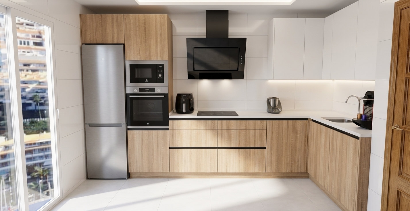 A professional architectural photograph capturing the exact kitchen layout, illuminated by bright daylight streaming through the left glass door. The scene features authentic textures: natural light oak grain on the cabinetry, brushed stainless steel on the refrigerator and built-in ovens, a glossy black glass angled range hood, and crisp white countertops. The tiled walls and floor exhibit subtle grout lines with soft, realistic light bounce and ambient occlusion. Diffuse natural light creates gentle shadows across the room, naturally highlighting the finishes of the appliances and surfaces, captured with balanced exposure, sharp focus, and neutral color temperature on a full-frame camera.