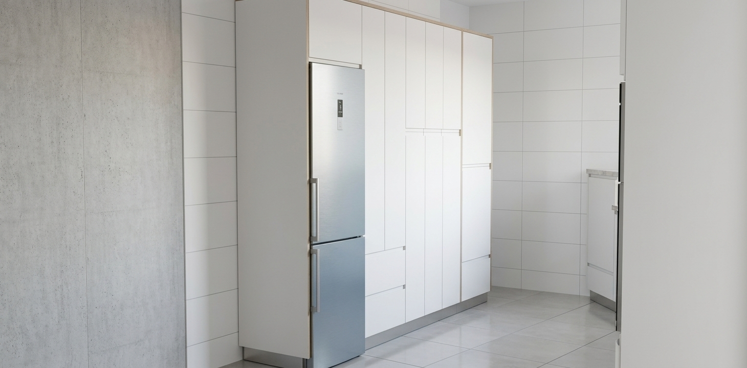 A crisp architectural photograph preserving the exact perspective and geometry of the kitchen, featuring smooth matte white tall cabinetry with precise seam lines and integrated handles alongside a sleek brushed stainless-steel refrigerator with gentle specular reflections. The walls display realistic white ceramic tiles with fine grout, while the floor consists of neutral matte square tiles with soft contact shadows grounding the cabinetry. Balanced, diffused ambient daylight fills the room with clean tones, highlighting authentic micro-textures on every surface captured with a sharp 35mm lens and clean, natural photographic contrast.
