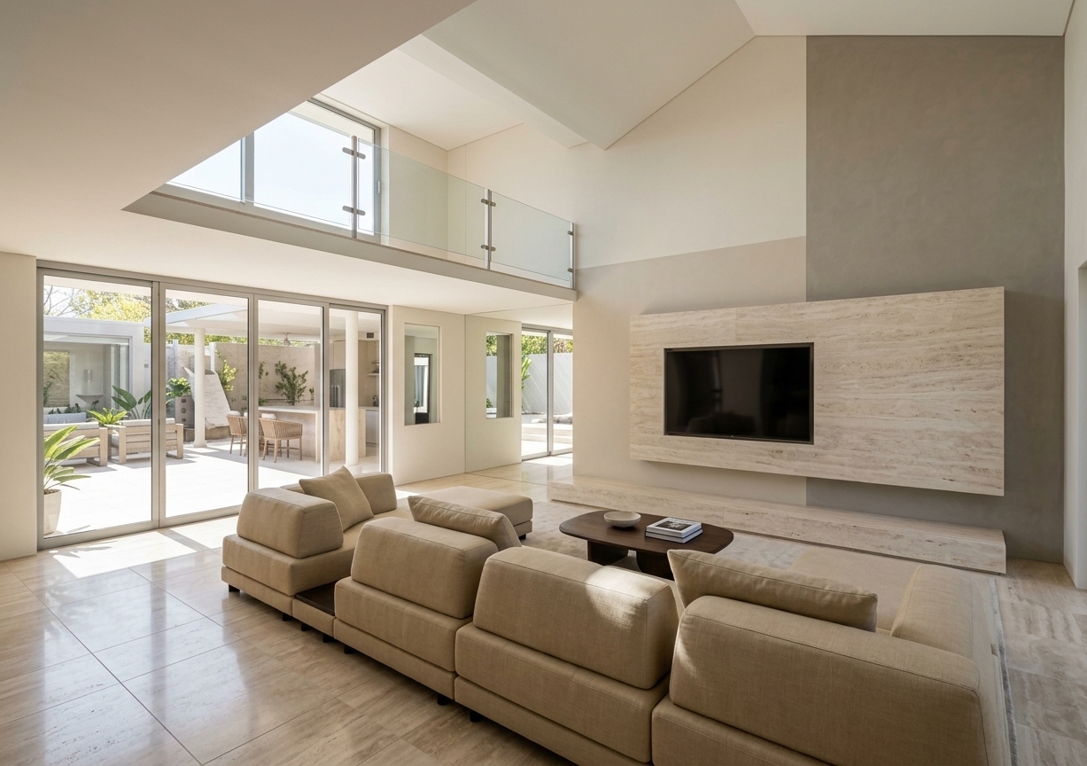 An incredibly lifelike, richly detailed, photorealistic wide-angle interior shot of an expansive living room set in a luxurious, contemporary residence. The scene is illuminated by bright midday spring sunlight pouring through large glass sliding walls, creating an airy, sophisticated, and serene atmosphere. Captured with a professional architectural camera and a 24mm tilt-shift lens, emphasizing polished stone surfaces, warm tactile fabrics, and slim metal accents, the space showcases a balanced palette composed of shades of warm white, pearl, champagne, and soft gray. In the center, a tailored, low-profile modular sectional in rich champagne linen anchors the space, paired with an understated dark wood coffee table neatly styled with a photography book and curated decor. Opposite, a clean-lined floating entertainment unit crafted from honed travertine stone houses a flush-mounted television against a softly textured, color-blocked wall of light beige and warm gray plaster. Above, an open mezzanine gallery with sleek structural glass balustrades and polished metal brackets accentuates the double-height ceiling, while the polished floor tiles subtly mirror the abundant natural daylight that seamlessly connects the refined interior to a vibrant outdoor terrace and lush spring courtyard.