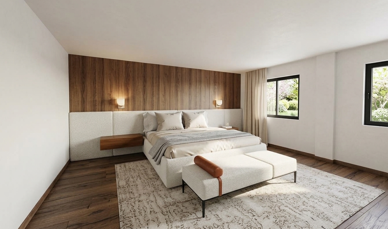 An incredibly lifelike, richly detailed, photorealistic wide-angle interior photograph of a master bedroom suite set in a high-end contemporary residence during a calm spring midday. The scene is illuminated by bright, natural daylight streaming through clean-lined side windows and balanced by the warm, atmospheric glow of sculptural minimalist wall sconces, creating an airy, sophisticated, and tranquil atmosphere. Captured with a full-frame camera and a 24mm architectural tilt-shift lens, emphasizing the tactile interplay of rich walnut wall paneling, woven bouclé upholstery, and subtle lime-washed plaster walls rendered in a serene palette of warm white, pearl, champagne, and soft gray. The composition centers on a tailored, low-profile bed dressed in crisp, light-toned linens and nestled against an upholstered wainscot headboard and floating nightstand. At the foot of the bed, an understated contemporary bench supported by slim metal legs is accented with a rich rust-toned leather bolster pillow, resting atop an artfully distressed area rug that anchors the polished dark oak plank flooring and completes this elegantly balanced, light-filled sanctuary.