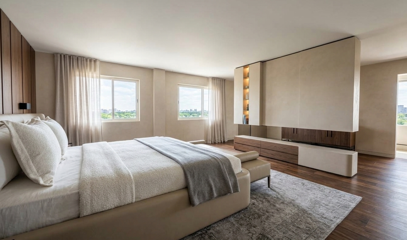 An incredibly lifelike, richly detailed, photorealistic wide-angle interior photograph of a luxurious master bedroom set in a modern penthouse on a bright spring midday. The scene is illuminated by brilliant, diffused natural daylight cascading through clean-lined windows paired with warm, recessed niche lighting, creating an airy, serene, and sophisticated atmosphere. Captured with a 24mm architectural tilt-shift lens, emphasizing tailored upholstered bouclé fabrics, polished stone surfaces, smooth champagne-toned plaster walls, and rich dark walnut wood flooring. The balanced composition showcases a sumptuous low platform bed dressed in crisp, pearl-white linens and soft gray throws, anchored by a subtly patterned distressed area rug and a streamlined bench at its foot. In the foreground and midground, a bespoke architectural partition features curved fabric-wrapped panels, integrated walnut cabinetry, and slim metal accents, housing illuminated shelving adorned with curated photography books and minimal decor to define the pinnacle of contemporary elegance.