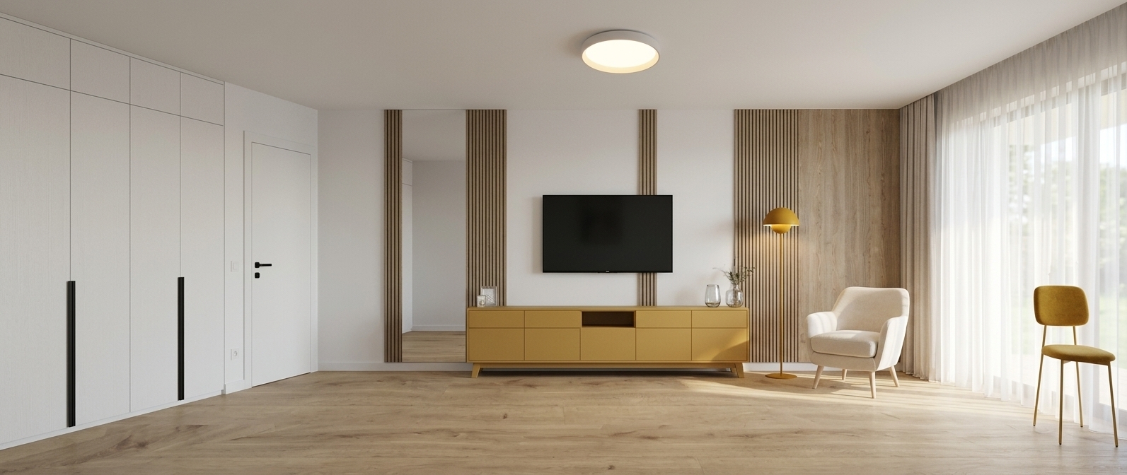 A crisp architectural photograph of the interior at midday in spring, captured on a wide-angle lens with natural balance. Bright, diffuse daylight filters softly through the sheer curtains on the right, casting gentle highlights and authentic ambient shadows across the light oak plank flooring. The matte white walls, subtle vertical fluted panels, and natural wood accent panel exhibit realistic micro-textures and depth. The yellow credenza displays fine wood grain, while the wall-mounted television reflects the subtle ambient room light on its dark screen. The white armchair features tactile fabric weave, complemented by the clean metallic finishes of the yellow floor lamp and dark closet handles, all rendered with lifelike dynamic range and soft, natural illumination.