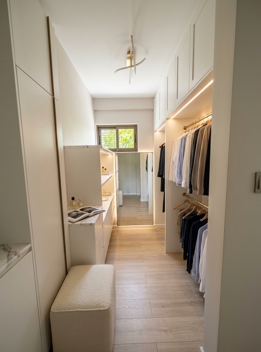 An incredibly lifelike, richly detailed, photorealistic eye-level interior shot of a bespoke walk-in dressing room set in an elegant contemporary penthouse. The scene is illuminated by clear, natural midday spring light cascading through an upgraded picture window, seamlessly blending with integrated warm-toned LED strip lighting and a minimalist sculptural ceiling fixture to create a serene, light-filled, and sophisticated atmosphere. Captured with a professional full-frame camera and a 24mm tilt-shift lens, emphasizing the subtle textures of tailored pearl-white cabinetry, polished Calacatta marble vanity surfaces, and brushed champagne metal hardware. 

The reimagined space transforms the utilitarian layout into an exquisite sanctuary of organization and refined taste. On the right, custom floor-to-ceiling wardrobes showcase organized apparel on sleek brass hanging rods with concealed ambient backlighting. The left wall features refined low display consoles topped with cool polished stone, neatly displaying an open fine-art photography book, crystal fragrance flacons, and delicate ceramic trays. In the foreground, a tailored cream bouclé ottoman with clean tailored piping replaces the basic bench, inviting functional rest. At the far end, framed by a soft neutral wall adorned with textured minimalist abstract art, a seamless full-length backlit bronze-trimmed mirror reflects the open, airy hallway, while the window frames vibrant green spring foliage outside, creating a balanced, calm, and effortlessly luxurious retreat.