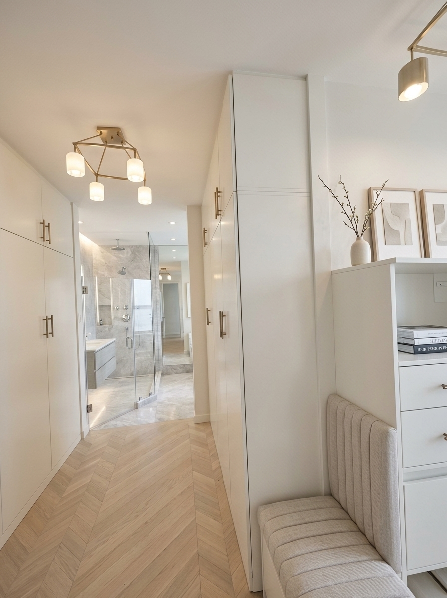 An incredibly lifelike, richly detailed, photorealistic wide-angle eye-level interior photo of an open, luxurious walk-in dressing corridor leading seamlessly into an en-suite bathroom set in an upscale penthouse during a sunlit spring midday. The scene is illuminated by soft, diffused natural daylight balanced with warm 3000K integrated LED reveal lighting, creating an airy, serene, and sophisticated atmosphere. Captured with a professional full-frame architectural camera paired with a 24mm tilt-shift lens, emphasizing silky pearl-lacquered finishes, brushed champagne bronze accents, and polished soft-gray marble surfaces. 

Bespoke floor-to-ceiling cabinetry finished in understated warm white and pearl lacquer frames the passageway with clean-lined perfection, accented by slim vertical metal pulls. A tailored, fluted linen upholstered bench is neatly integrated beneath a sleek floating shelf adorned with a high-fashion photography book, a minimalist ceramic vase, and framed neutral abstract wall art. Suspended overhead, a geometric sculptural chandelier with frosted glass globes casts a gentle ambient glow over chevron-laid bleached oak flooring, guiding the eye past an ultra-clear, seamless glass shower enclosure into the polished stone sanctuary beyond.
