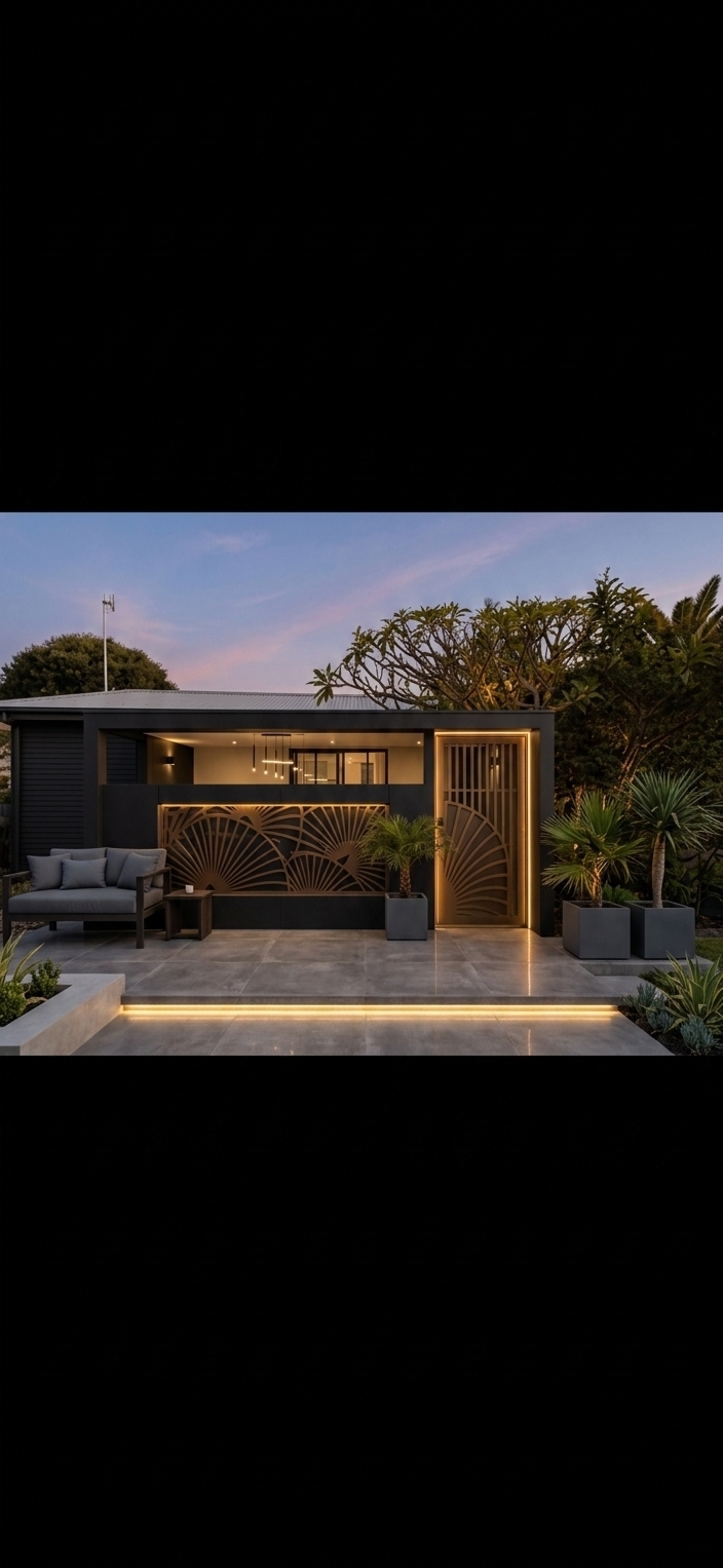 The photo captures a beautifully designed residential entrance at dusk, imbued with a warm, inviting glow. The architectural style blends modern simplicity with bohemian and Art Deco influences, creating a distinctive and welcoming facade. A striking feature is the low privacy wall on the right, clad in dark olive-green painted brick, which acts as a vibrant backdrop for an intricate, metallic screen and gate. These elements showcase an ornate, fan-like or shell-patterned design in a lustrous bronze or golden finish, dramatically illuminated from below, casting soft light and subtle shadows.

Above this feature wall, a dark grey pergola structure extends outwards, supporting a corrugated metal roof and a linear LED strip light that washes the light-colored brick facade of the main house with a warm glow. The main house itself appears to be a single-story structure with off-white or cream painted brick walls and glass doors or windows that reveal a glimpse of a softly lit interior. To the left of the entrance, an inviting outdoor seating area features a light wooden daybed with plush cream cushions and a single rust-orange throw pillow, resting on a natural fiber rug. A small, rustic wooden stool serves as a side table, holding a small plant and a candle, enhancing the cozy atmosphere.

The ground is paved with irregular flagstones in earthy tones of grey, tan, and brown, leading the eye towards the elegant entrance. Lush, dark green foliage, including what appears to be a frangipani tree with delicate, bare branches, frames the scene, especially on the right, where uplighting highlights the texture of the leaves and trunks. Decorative potted plants, likely succulents and other hardy foliage, sit in light-colored, textured pots near the gate, adding to the curated landscaping. The sky above is a soft twilight canvas, transitioning from a deep blue at the top to a subtle, warm pink on the horizon, perfectly complementing the artificial warmth of the architectural lighting. The overall composition is balanced, with the interplay of materials, textures, and strategic lighting creating an immediate sense of elegance and comfort, inviting one to step into this thoughtfully designed space.