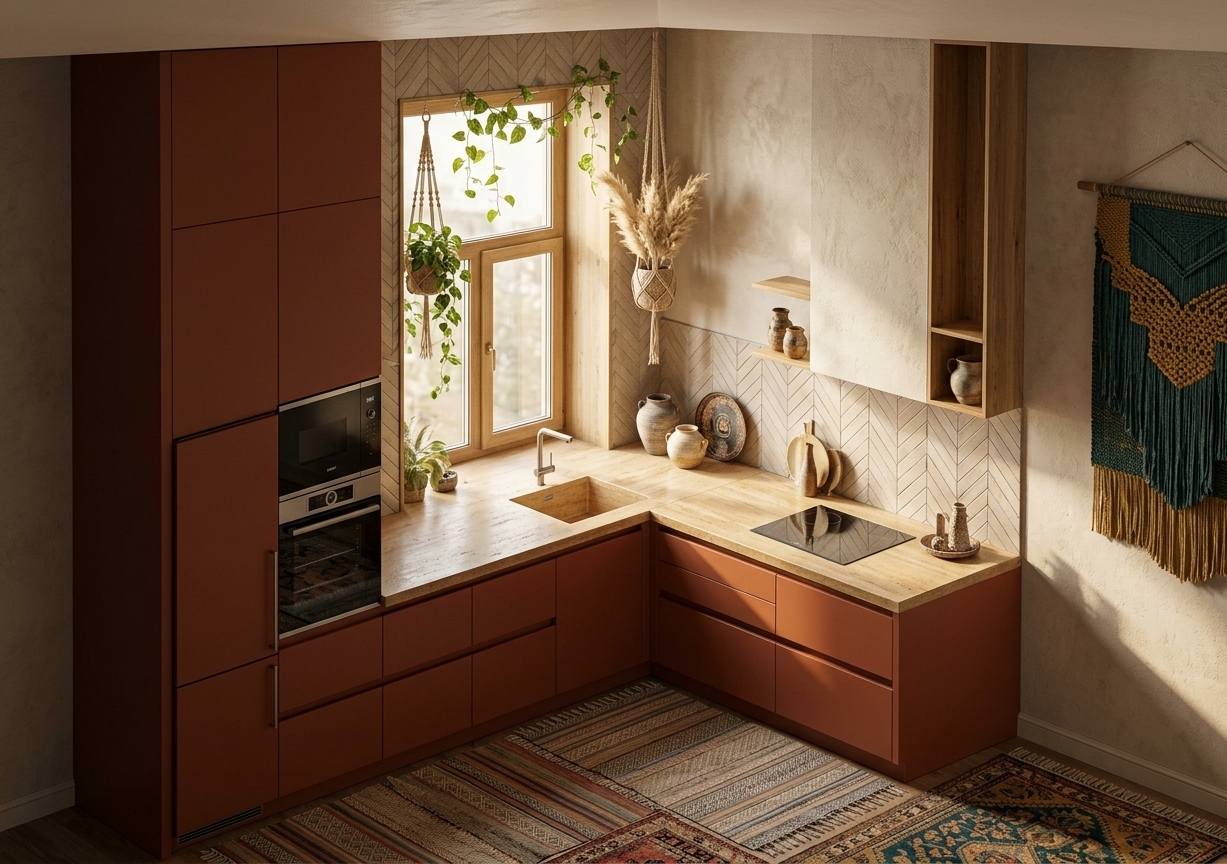 An incredibly lifelike, richly detailed, photorealistic wide-angle interior shot of a bohemian kitchen set in a vibrant, sunlit home oasis. The scene is illuminated by natural golden daylight streaming through the central double-hung window above the undermount sink, creating a warm, serene, and free-spirited atmosphere. Captured with a 24mm architectural prime lens, emphasizing natural wood grains, tactile woven textiles, and layered earthy finishes. Sleek lower base cabinets in a deep earthy rust with integrated recessed handles form a generous L-shaped workspace crowned by a warm, honed travertine countertop, complemented on the left by full-height storage housing integrated built-in appliances. Hanging macrame plant holders with trailing pothos and lush pampas grass soften the window alcove, while a vintage woven wall tapestry in deep teal and mustard tones, layered bohemian floor rugs, and handcrafted ceramic vessels bring eclectic, globally inspired charm to the beautifully balanced layout.
