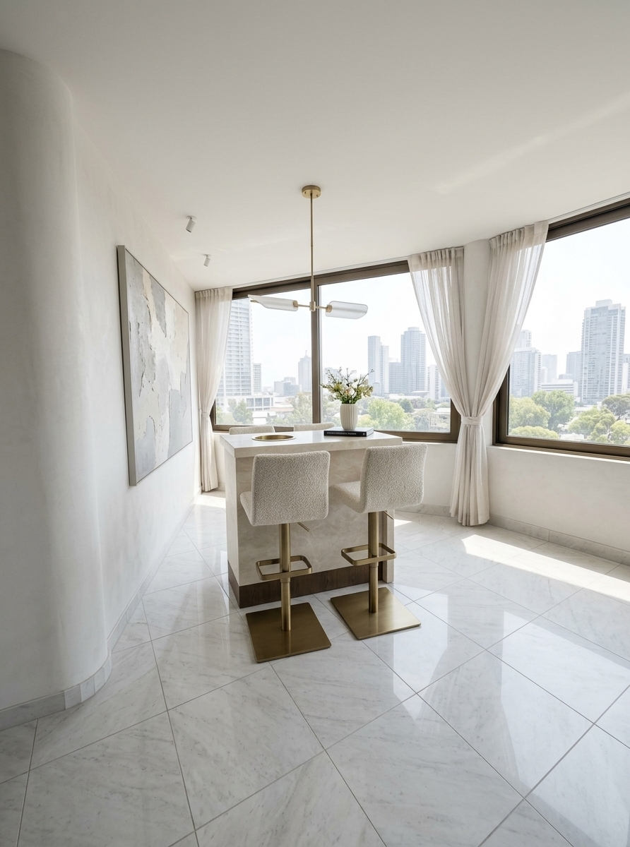 An incredibly lifelike, richly detailed, photorealistic wide-angle interior photograph of an airy living room redesign set in a contemporary high-rise apartment on a bright spring midday. The scene is illuminated by abundant, soft natural light pouring through expansive clear windows, creating an elegant, sophisticated, and tranquil atmosphere. Captured with a professional architectural camera and a 24mm tilt-shift lens, emphasizing the luminous polished stone tile surfaces, fine woven fabric textures, and subtle brushed-brass highlights. Replacing the stark bar setup, the room now features a tailored, clean-lined curved sofa upholstered in a warm white and champagne textured bouclé, mirroring the graceful sweep of the structural pillar on the left. The previously plain wall is elevated with a commanding piece of minimalist abstract wall art executed in impasto layers of soft gray, pearl, and creamy plaster tones, delicately accented by discreet gallery spotlights. In the center, a sculptural nesting coffee table crafted from honed marble and slim champagne metal legs displays a curated hardbound photography book beside a delicate fluted vase of spring florals, while an asymmetrical, modern pendant light hovers gracefully overhead. Translucent linen sheers frame the vast windows that now open to a hazy, sunlit urban skyline, bouncing balanced, radiant reflections across the polished floor and completing this understated, impeccably styled retreat.