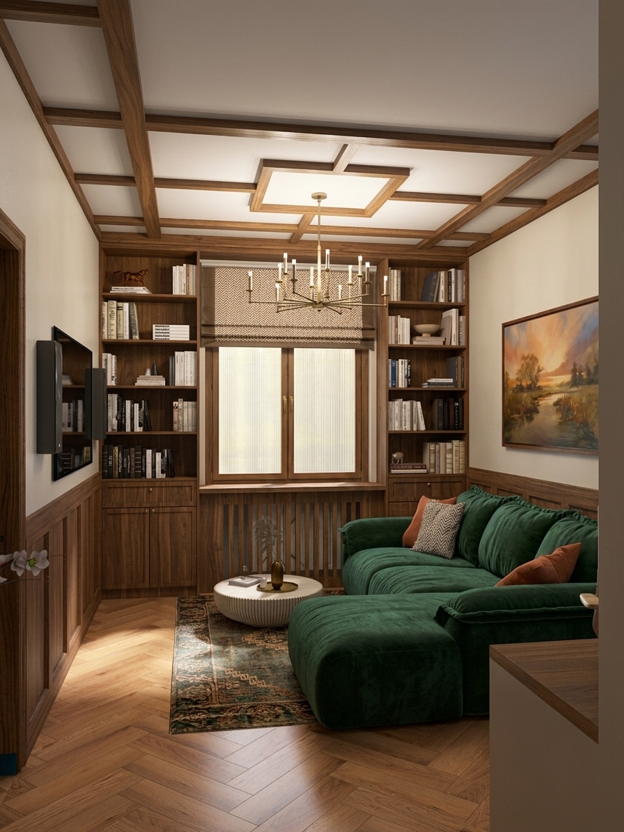 A photorealistic architectural photograph captured with a 35mm lens, illuminated by warm, diffused daylight spilling through the central window and mingling with the soft ambient glow from the brass chandelier. Authentic wood grain with a delicate satin finish enhances the herringbone flooring, coffered ceiling beams, and built-in cabinetry. The deep green sectional displays tactile, plush velvet with organic creases, paired with realistic woven textures on the patterned rug, Roman shades, and accent pillows. Balanced exposure, natural ambient occlusion, soft contact shadows, and gentle lens falloff create a warm, lived-in atmosphere while preserving the exact composition and geometry.