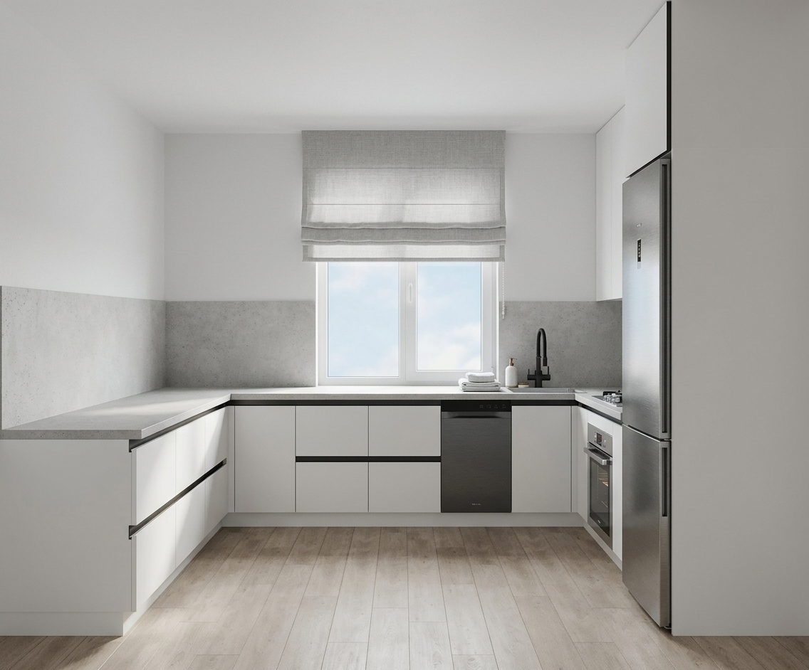 A straight-on architectural photograph preserving the exact composition, geometry, and layout of this modern U-shaped kitchen. Soft natural daylight filters through the central window with a textured fabric roman blind, casting realistic ambient shadows and gentle highlights across the matte white cabinetry with recessed dark channel handles. A freestanding matte black dishwasher sits directly to the left of the dark sink, accompanied by a brushed stainless steel refrigerator and oven on the right. Surfaces exhibit authentic physical micro-textures, from the light gray stone countertops and matching backsplash to the pale wood plank flooring, captured with sharp architectural focus, natural color balance, and realistic depth of field.