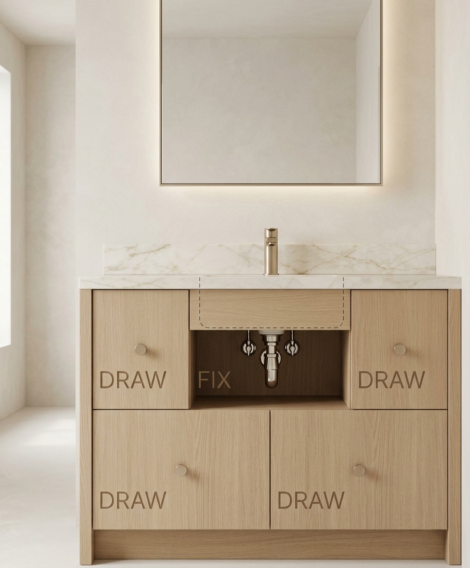 An incredibly lifelike, richly detailed, photorealistic straight-on interior photograph of a custom vanity installation set in a serene, minimalist bathroom haven. The scene is illuminated by soft, diffuse morning light blended with an ambient, warm halo emanating from behind the rectangular mirror, creating a calming, luxurious spa-like atmosphere. Captured with a high-resolution medium format camera paired with a 50mm tilt-shift lens, emphasizing the organic warmth of the oak wood grain and the glossy, fluid veining of the stone. 

The custom-crafted vanity showcases smooth, vertical-grained white oak across its drawer fronts and sides, accented by minimalist, brushed champagne-bronze circular pulls across its lower drawers and upper flanking drawers. Resting atop the cabinetry is a polished Taj Mahal quartzite countertop, defined by its luminous ivory surface and delicate, golden-taupe veins, through which a sleek, modern tall faucet rises with quiet sophistication. Directly above, a clean-lined rectangular mirror reflects soft-textured, warm-white plaster walls, completing a perfectly balanced, clutter-free sanctuary.