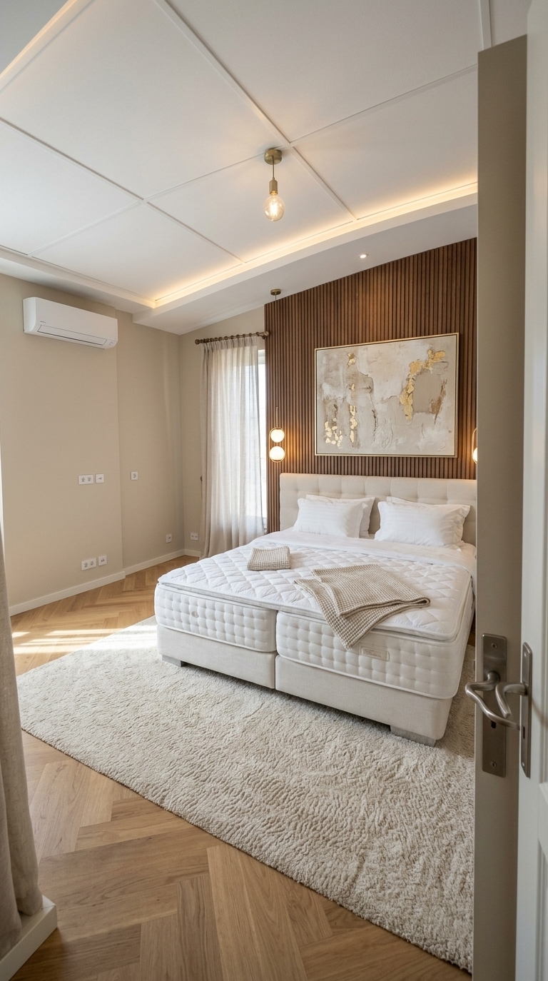 An incredibly lifelike, richly detailed, photorealistic wide-angle interior shot of a luxurious master bedroom suite set in a contemporary high-end residence. The scene is illuminated by soft, natural daylight streaming through sheer linen curtains combined with the ambient warmth of hidden ceiling cove LEDs and twin bedside lamps, creating a tranquil, sophisticated atmosphere. Captured with a full-frame camera and a 24mm architectural lens, emphasizing tactile textures, from plush fabrics to polished finishes. 

Reimagined with contemporary elegance, the beige walls are elevated by a floor-to-ceiling fluted wood accent board serving as an architectural feature behind the plush upholstered bed, which is now impeccably dressed in crisp white linens and textured waffle throws. Flanking the bed, a pair of modern brushed-brass lamps with frosted globes rest on sleek floating walnut nightstands, casting a soft, symmetrical glow. Above, a large, museum-worthy abstract painting with neutral impasto textures adds refined artistic character to the wall. High on the adjacent wall, a slim, minimalist matte-white air conditioner blends seamlessly into the architecture, while the dated green carpet is replaced with warm white-oak herringbone flooring overlaid by a heavy, plush cream wool area rug, achieving a perfectly balanced, serene sanctuary.