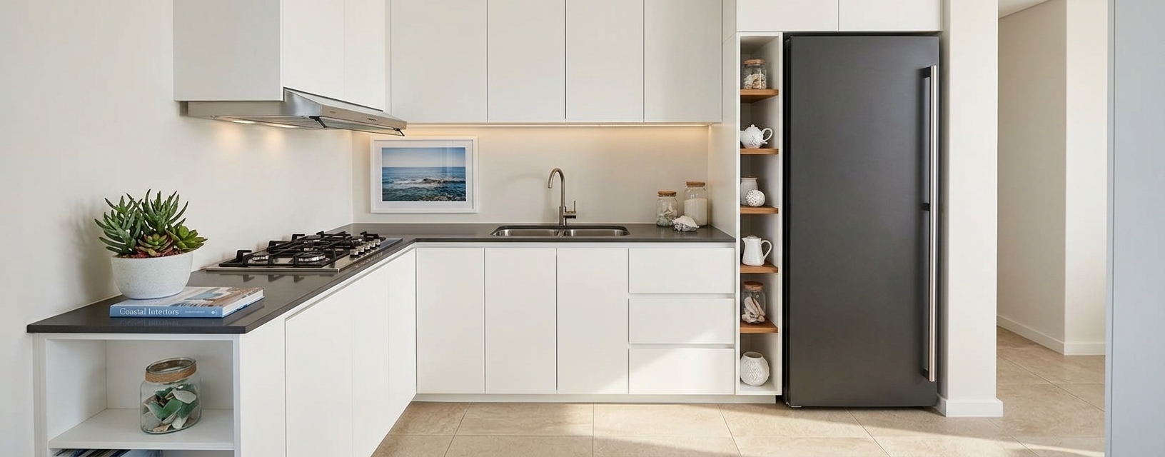 An incredibly lifelike, richly detailed, photorealistic wide-angle interior photograph of a modern coastal kitchen set in a bright, sun-kissed seaside home. The scene is illuminated by soft, natural morning daylight streaming across uncluttered surfaces with gentle under-cabinet task lighting, creating an airy, fresh, and inviting coastal atmosphere. Captured with a professional 24mm architectural lens, emphasizing fine textures, crisp shadows, and the contrast between polished deep-toned countertops and smooth, matte white cabinetry. The functional L-shaped layout showcases a built-in gas cooktop beneath a sleek extractor hood, a dual-basin stainless steel sink with a brushed nickel faucet, a slender vertical open display shelving unit, and a tall, integrated charcoal refrigerator. Infused with a breezy, beachside spirit, the surrounding space is styled with subtle sandy-neutral floor tiles, a framed seascape photograph adorning the wall, a curated coastal photography book, and a vibrant potted plant that together evoke a relaxed, oceanfront elegance.