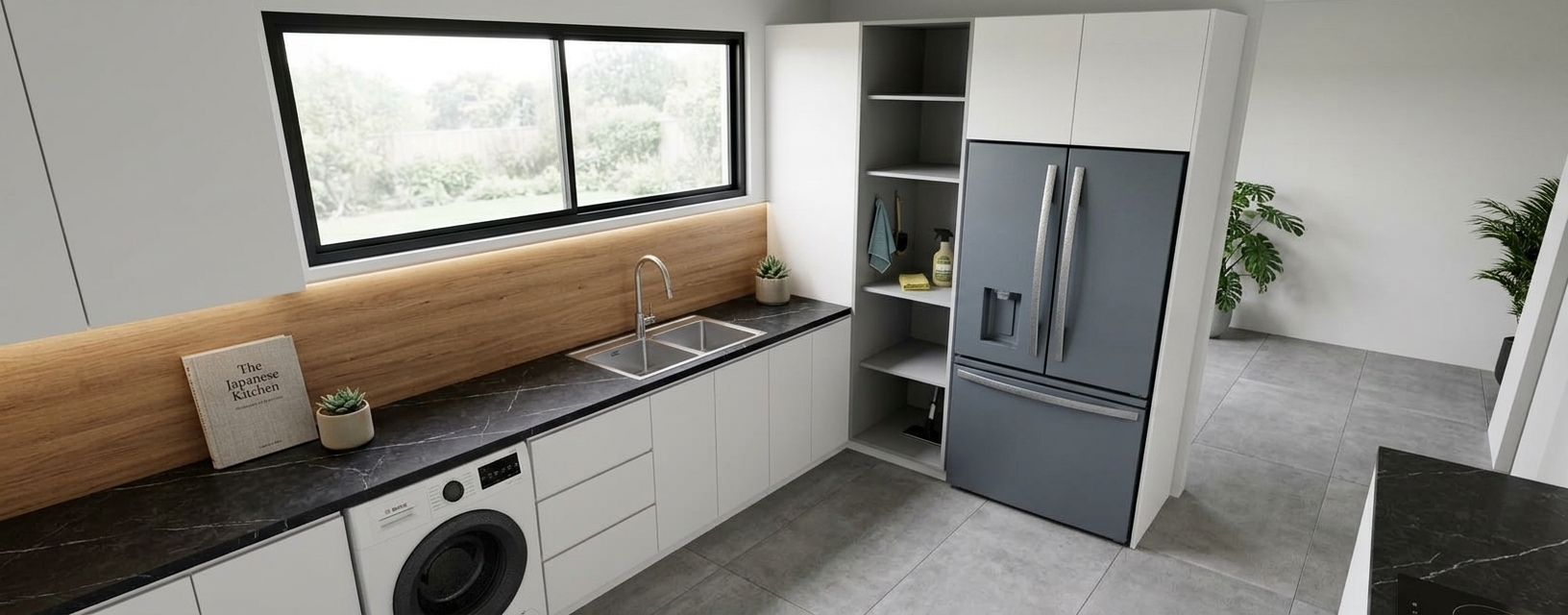 An incredibly lifelike, richly detailed, photorealistic wide-angle interior perspective of a minimalist kitchen and utility haven set in a serene contemporary residence. The scene is illuminated by soft, natural morning daylight cascading through an expansive horizontal window, balanced by subtle under-cabinet ambient glows that create a tranquil, zen-inspired atmosphere. Captured with a professional 24mm architectural tilt-shift lens, emphasizing the tactile depth of the polished dark veined stone countertops, the organic warmth of the timber backsplash, and the smooth, handleless matte white cabinetry. A sleek stainless-steel washer integrates effortlessly beneath the counter alongside a double-basin sink and minimalist faucet, while floor-to-ceiling storage frames a flush-mounted slate-gray French door refrigerator. Finished with large-format matte gray floor tiles and an impeccably clutter-free counter accented only by a refined photography book and a touch of lush indoor greenery, the space embodies functional, modern elegance.