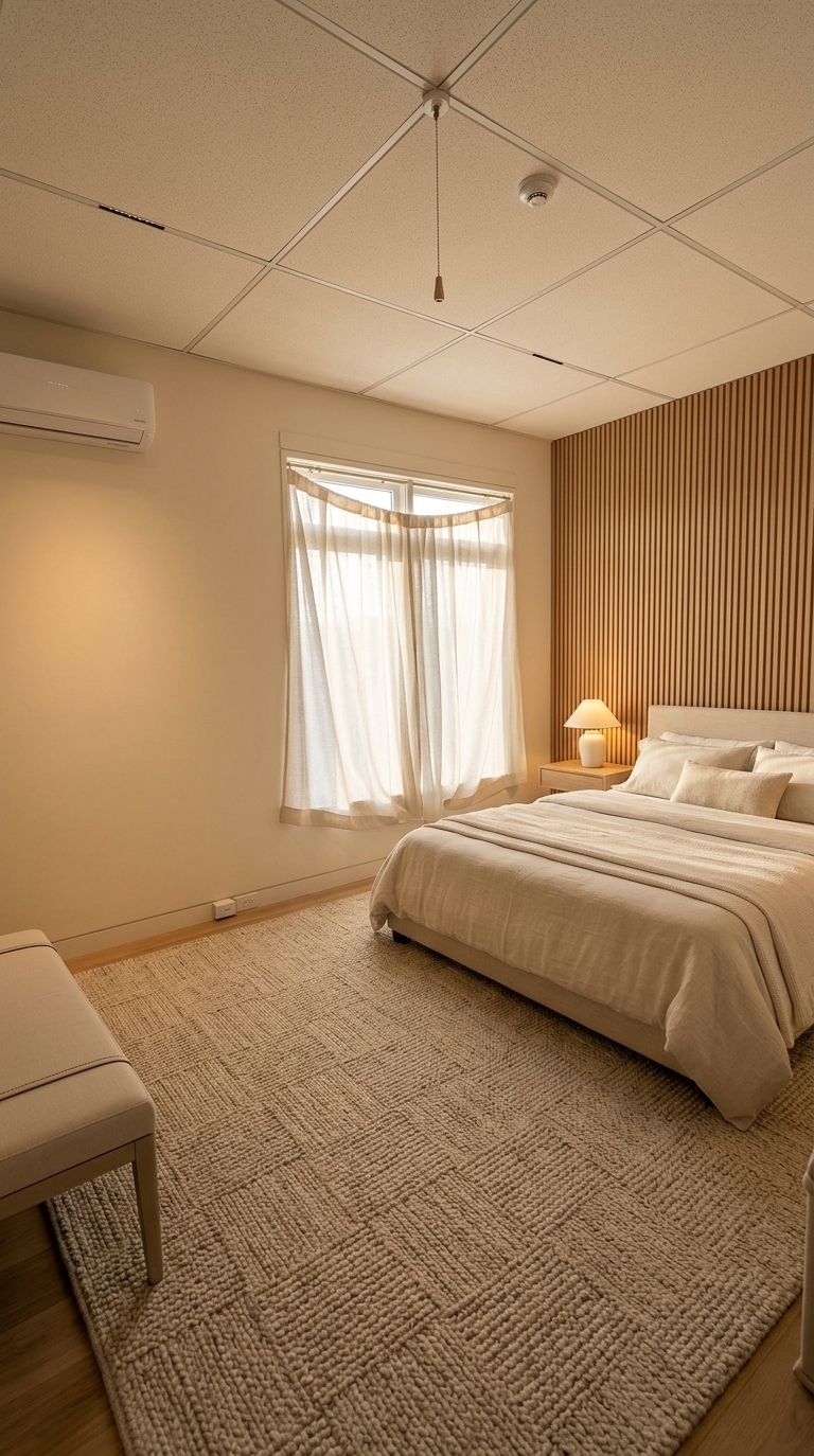 An incredibly lifelike, richly detailed, photorealistic wide-angle interior shot of a luxurious contemporary bedroom set in a refined urban residence. The scene is illuminated by warm, dimmable ambient glow from sculptural bedside lamps and soft morning sunlight filtering through pristine double-layer sheer and blackout drapes, creating an inviting, serene, and sophisticated atmosphere. Captured with a 24mm f/2.8 architectural tilt-shift lens, emphasizing the delicate weave of rich linen bedding, smooth satin wall finishes, and acoustic fluted wood textures. 

The reimagined space transforms into a sanctuary of contemporary elegance, coated in a soothing palette of warm cream with soft ivory undertones. Dominating the room is a tailored king-size bed featuring an elongated, floor-to-ceiling upholstered headboard integrated with elegant fluted wood feature boards on either side. Symmetrical floating bedside tables host minimalist ceramic and brushed-brass lamps, casting pools of warm light across plush layered textiles and an expansive neutral area rug laid over refined light-oak hardwood flooring. High on the perimeter wall, a sleek, whisper-quiet white inverter air conditioner is discreetly integrated, effortlessly merging state-of-the-art climate control with clean, uncluttered architectural balance.