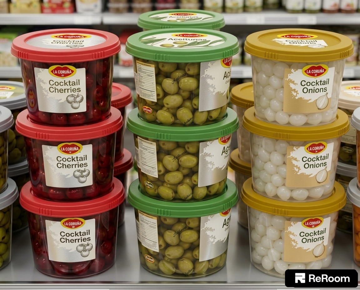 Modify the cocktail onion containers on the right to have refined, elegant yellow lids instead of beige. Redesign the product labels across the jars (cherries, olives, onions) to look premium and upscale, replacing the "laComer" logo with "La Coruña" branding. Give the packaging an overall sleek, gourmet aesthetic with sophisticated typography and finishes while maintaining the clear tubs and contents.