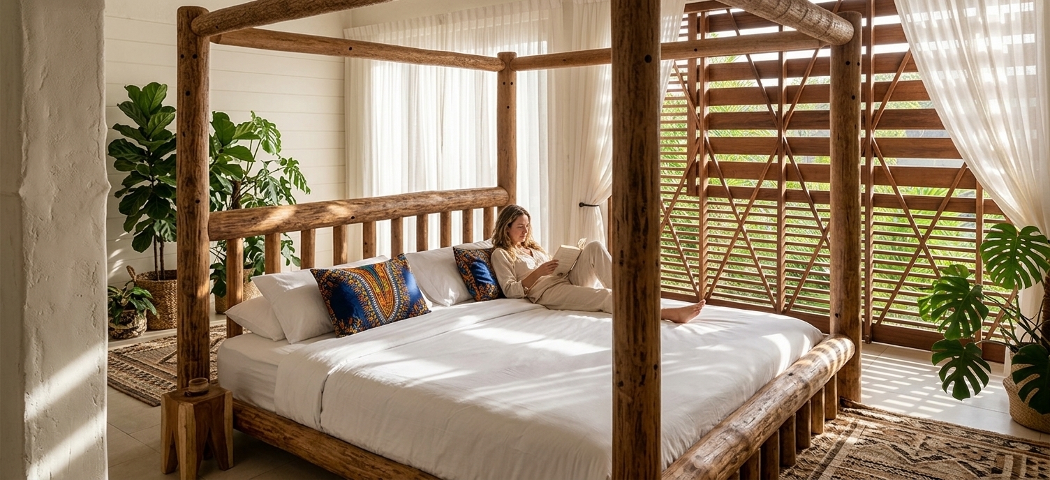 An incredibly lifelike, richly detailed, photorealistic medium interior shot of a bohemian oasis master bedroom set in a sun-drenched tropical villa. The scene is illuminated by bright midday summer sunlight filtering through expansive slatted wooden screens and flowing sheer white curtains, creating a radiant, serene, and warm atmosphere with dynamic shadow play. Captured with a professional 35mm full-frame lens, emphasizing the rich, organic wood grain of the four-poster canopy bed, pristine white linen bedding accented by vibrant African loincloth (wax-print) pillows, and an intricately woven ethnic floor carpet. Abundant, luxurious indoor tropical foliage—including flourishing fiddle-leaf figs and monstera plants—enlivens the space, while a relaxed occupant comfortably lounging on the bed brings a lived-in, tranquil luxury to this exotic sanctuary.