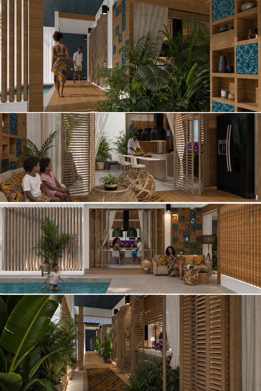 CONSERVE LES DETAIL DE L'IMAGEphotorealistic render interior with lot of luxurious tropical indooR vegetation . african loincloth pillow and carpet and white curtain. add people living .
