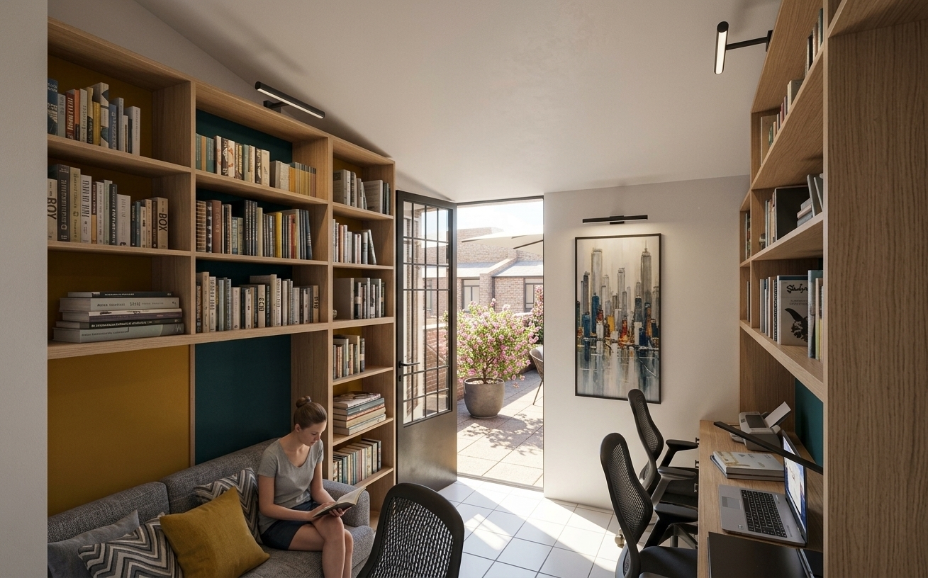 An incredibly lifelike, richly detailed, photorealistic wide-angle interior shot of a sophisticated study and reading lounge set in an urban apartment loft. The scene is illuminated by bright, direct sunlight streaming through an open black-framed industrial glass door, creating a warm, peaceful, and airy atmosphere. Captured with a 24mm architectural tilt-shift lens, emphasizing the tactile grain of the light wood cabinetry, matte metal accents, and crisp spatial depths. On the left, floor-to-ceiling custom bookshelves filled with an extensive book collection frame a cozy alcove with vibrant mustard-yellow and deep-teal accent panels, where a seated figure enjoys a quiet moment of reading on a plush gray sofa. Across the room, an integrated wooden desk workspace with modern black mesh office chairs and a dual-screen laptop setup provides functional elegance, complemented by framed urban skyline artwork on the central dividing wall. In the background, the open doorway invites the eye out onto a sun-drenched terrace accented by a vivid blooming potted tree, seamlessly blending indoor productivity with relaxed outdoor living.